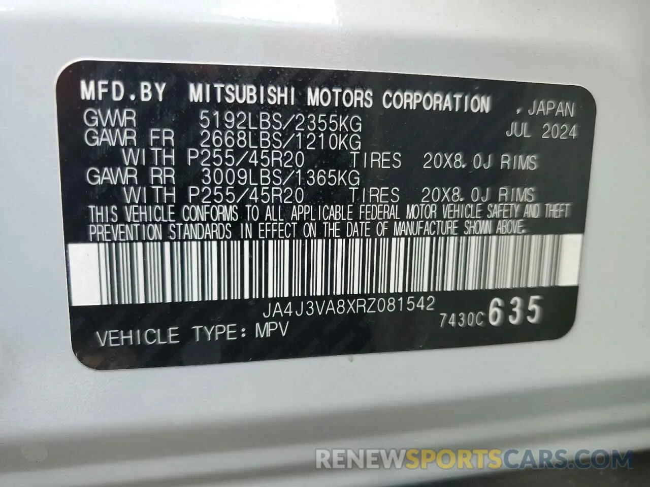 14 fotografías del automóvil dañado JA4J3VA8XRZ081542 MITSUBISHI OUTLANDER 2024