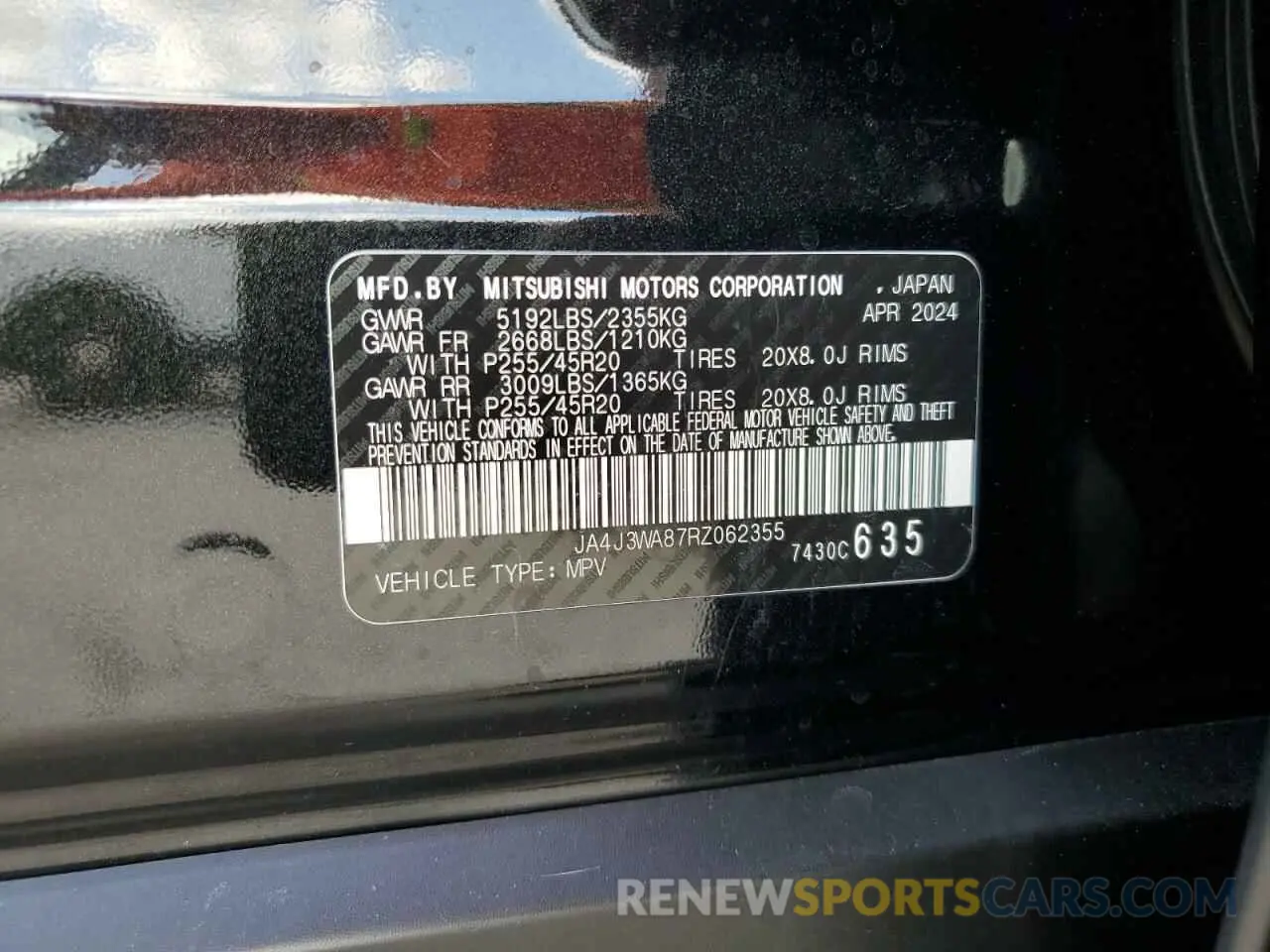 15 fotografías del automóvil dañado JA4J3WA87RZ062355 MITSUBISHI OUTLANDER 2024