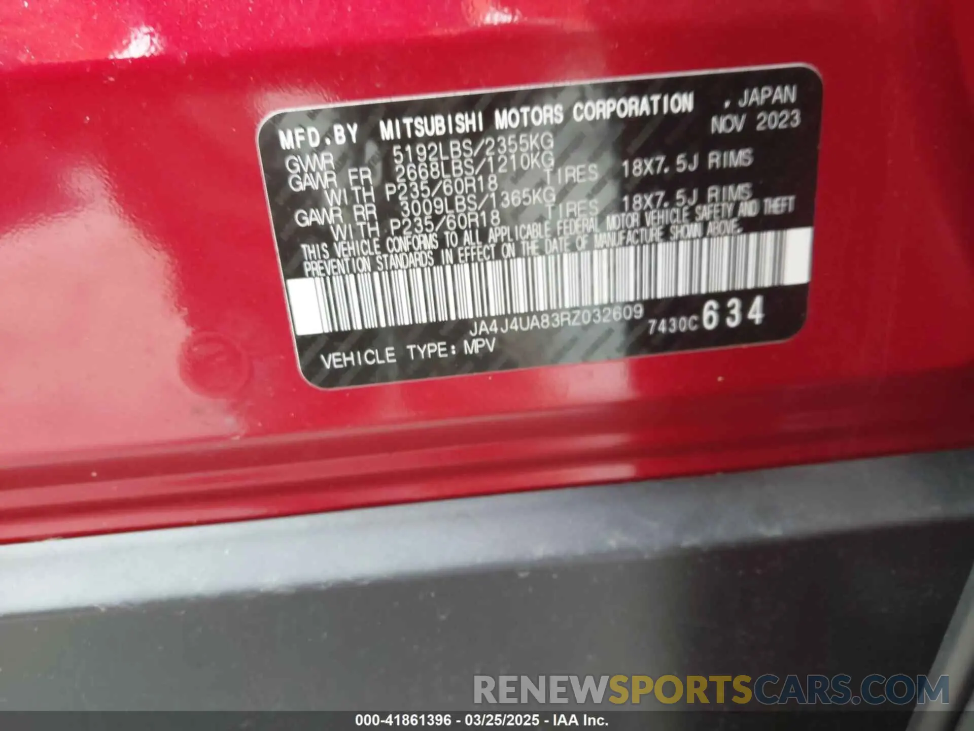 9 fotografías del automóvil dañado JA4J4UA83RZ032609 MITSUBISHI OUTLANDER 2024