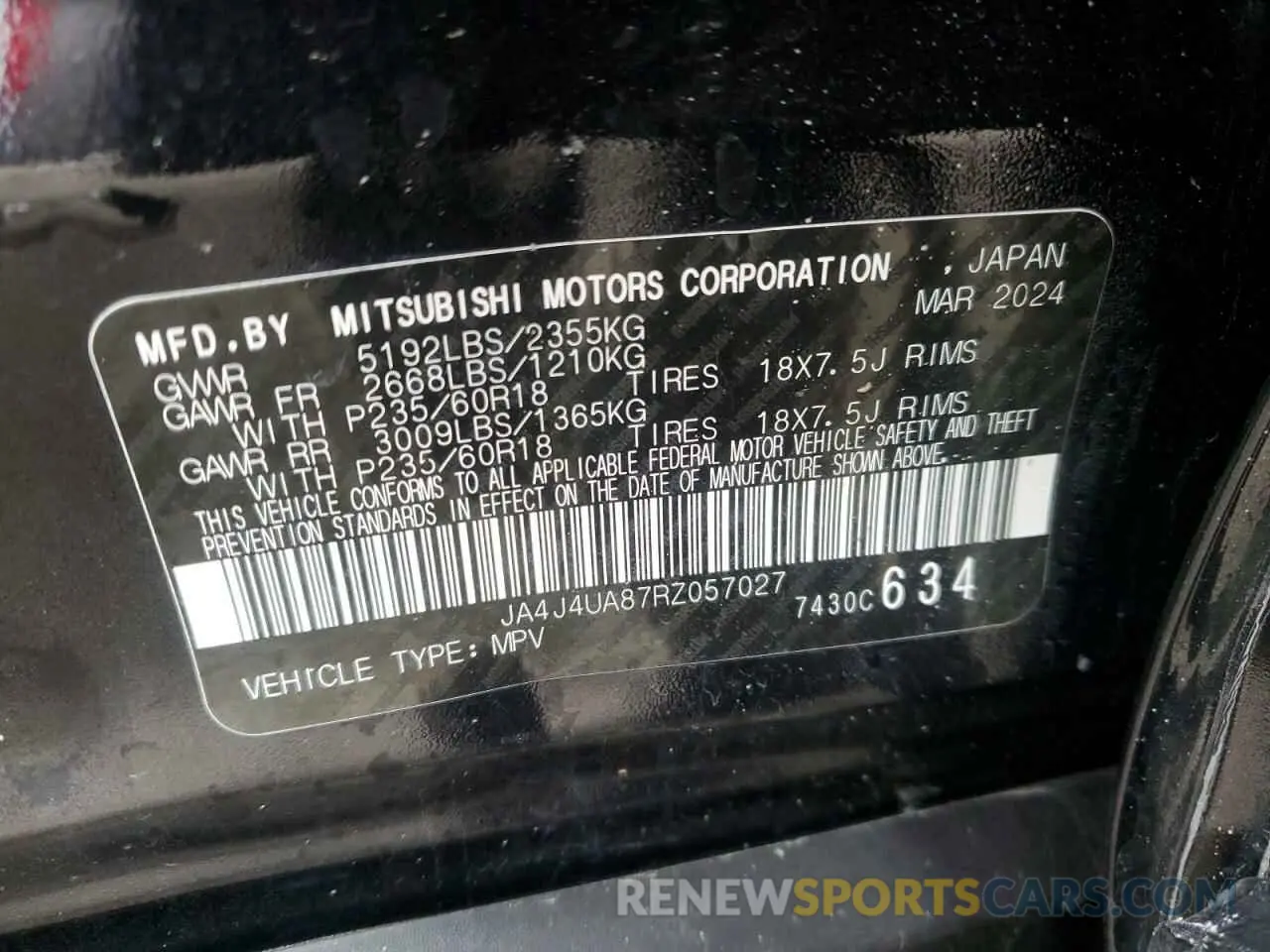 15 fotografías del automóvil dañado JA4J4UA87RZ057027 MITSUBISHI OUTLANDER 2024