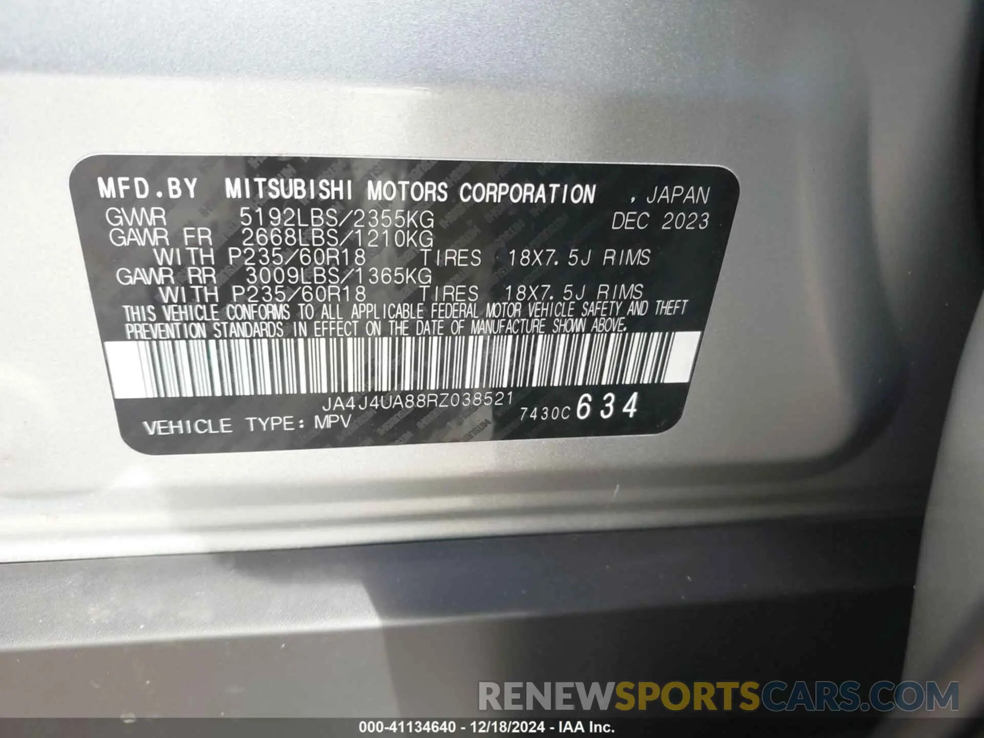 9 fotografías del automóvil dañado JA4J4UA88RZ038521 MITSUBISHI OUTLANDER 2024