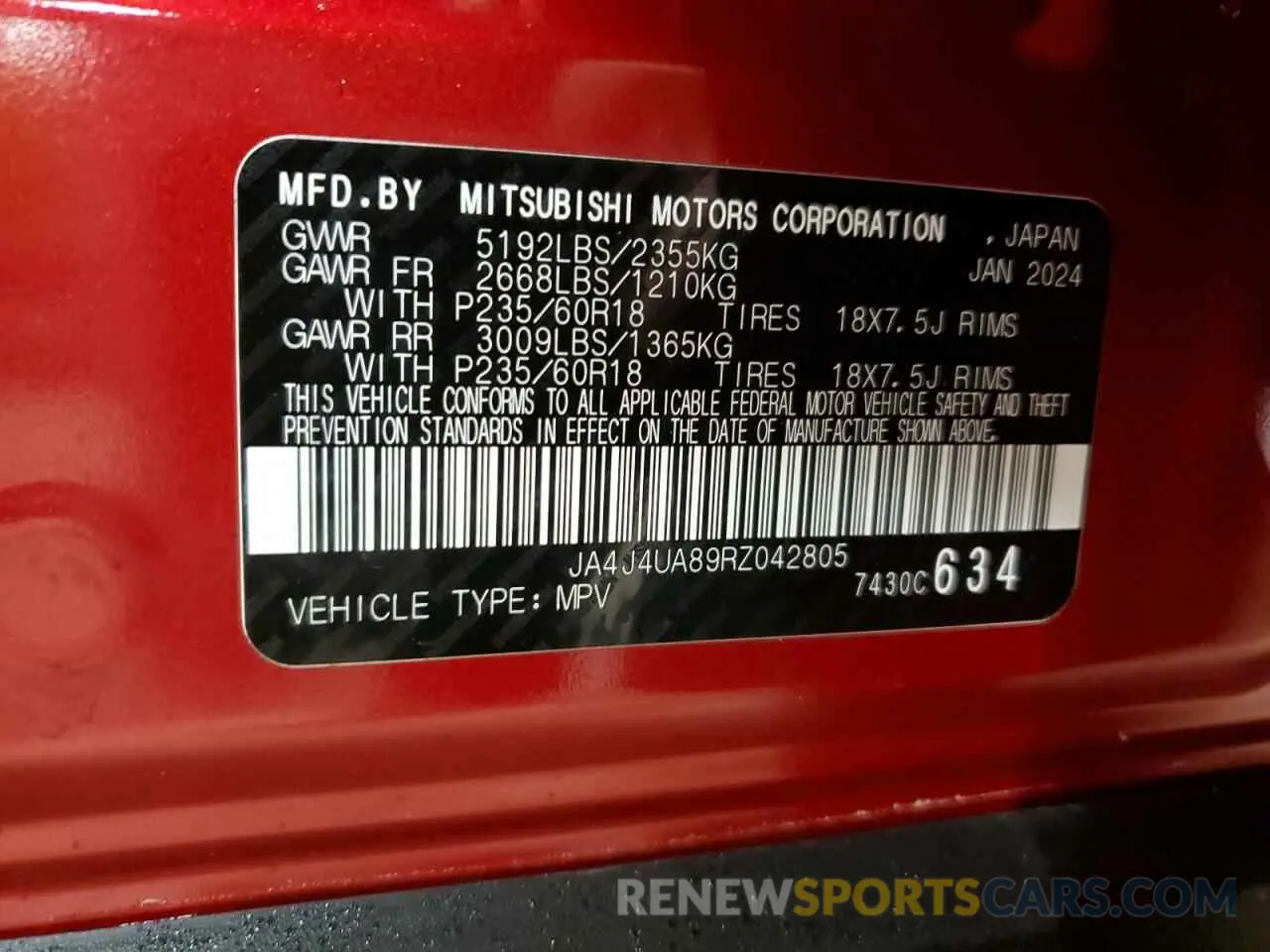 13 fotografías del automóvil dañado JA4J4UA89RZ042805 MITSUBISHI OUTLANDER 2024