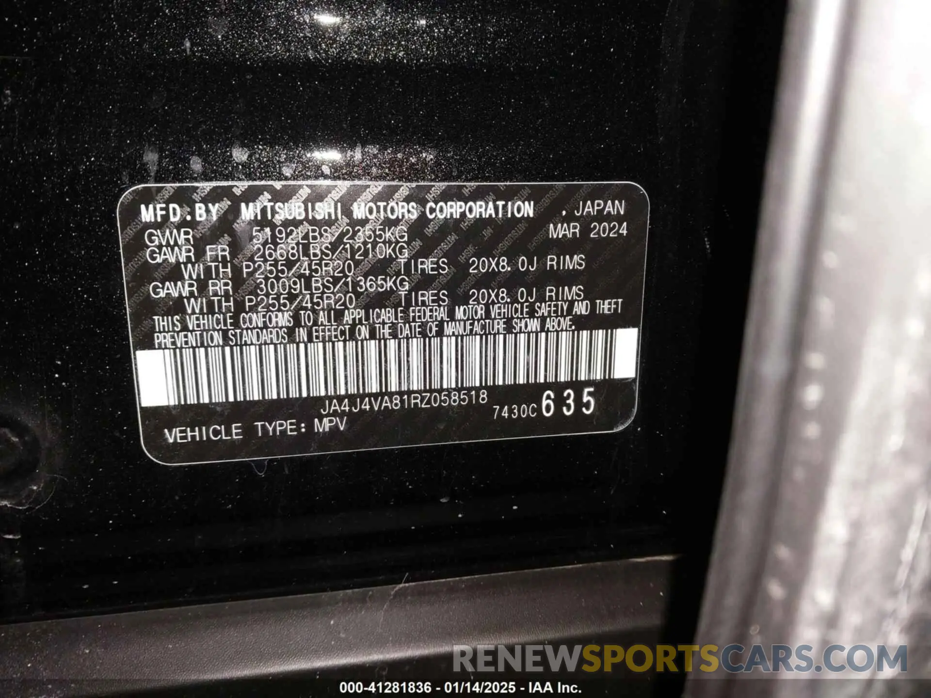 9 fotografías del automóvil dañado JA4J4VA81RZ058518 MITSUBISHI OUTLANDER 2024