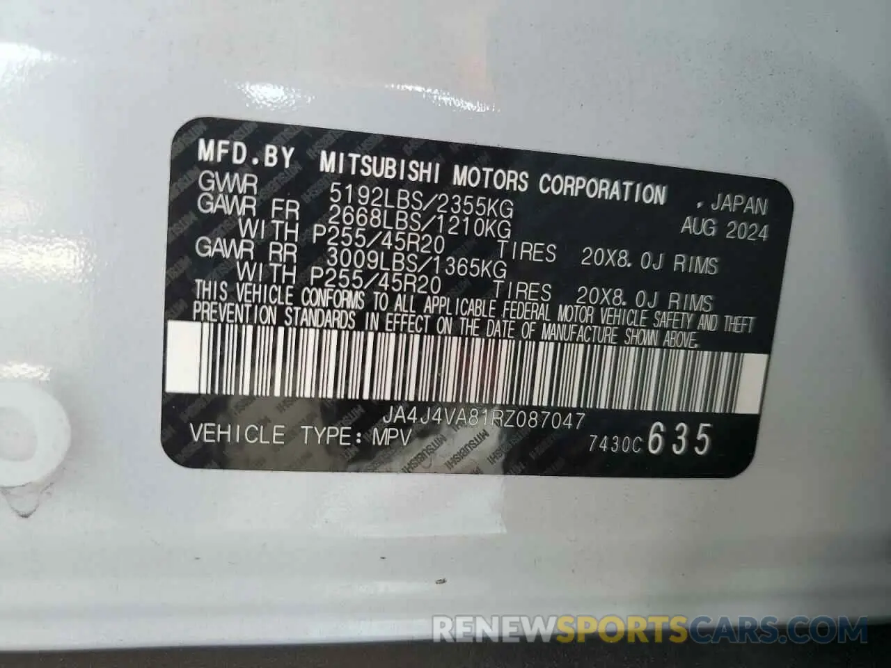 13 fotografías del automóvil dañado JA4J4VA81RZ087047 MITSUBISHI OUTLANDER 2024