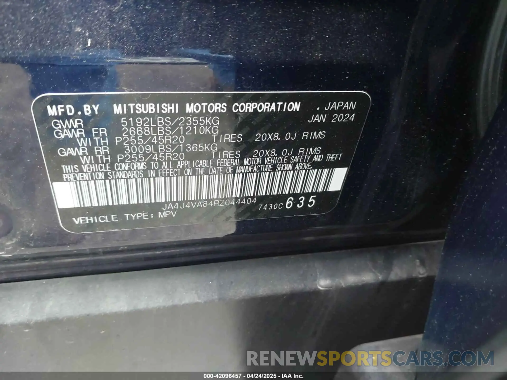 9 fotografías del automóvil dañado JA4J4VA84RZ044404 MITSUBISHI OUTLANDER 2024