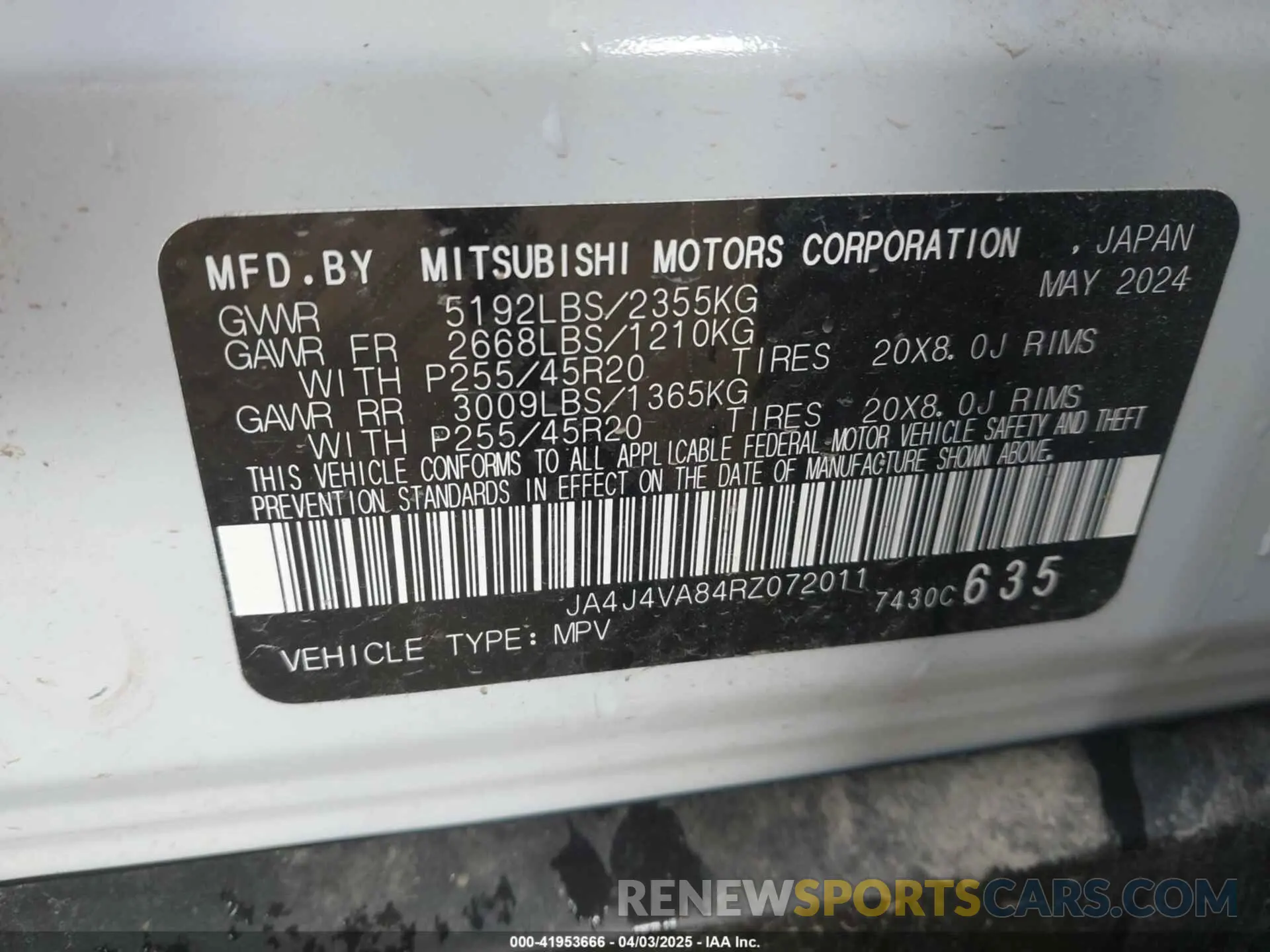 9 fotografías del automóvil dañado JA4J4VA84RZ072011 MITSUBISHI OUTLANDER 2024