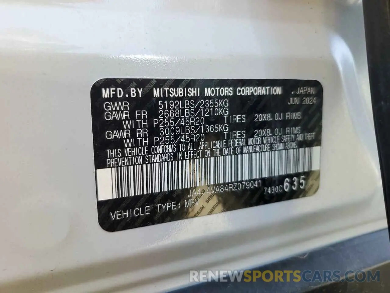 15 fotografías del automóvil dañado JA4J4VA84RZ079041 MITSUBISHI OUTLANDER 2024
