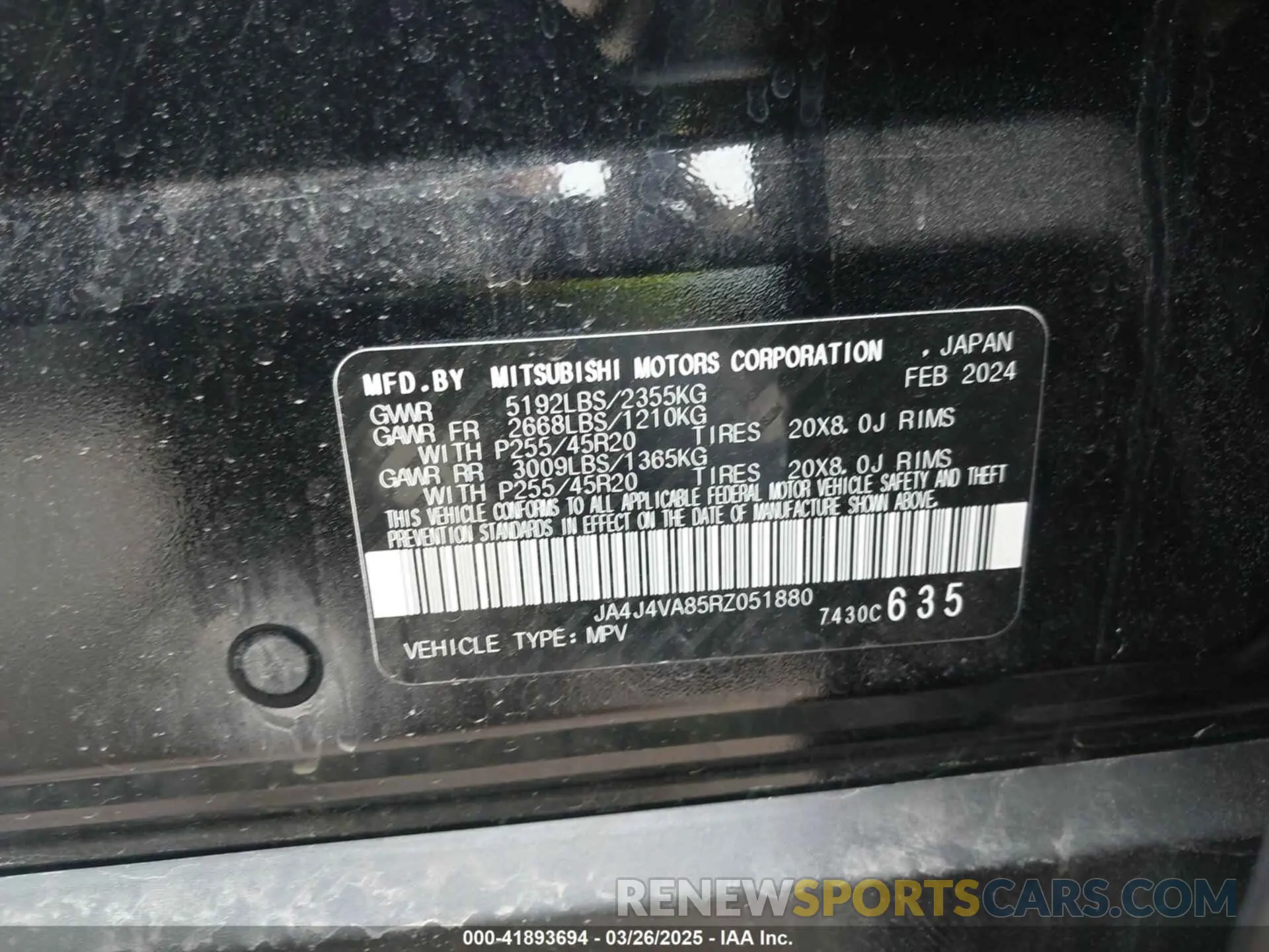 9 fotografías del automóvil dañado JA4J4VA85RZ051880 MITSUBISHI OUTLANDER 2024