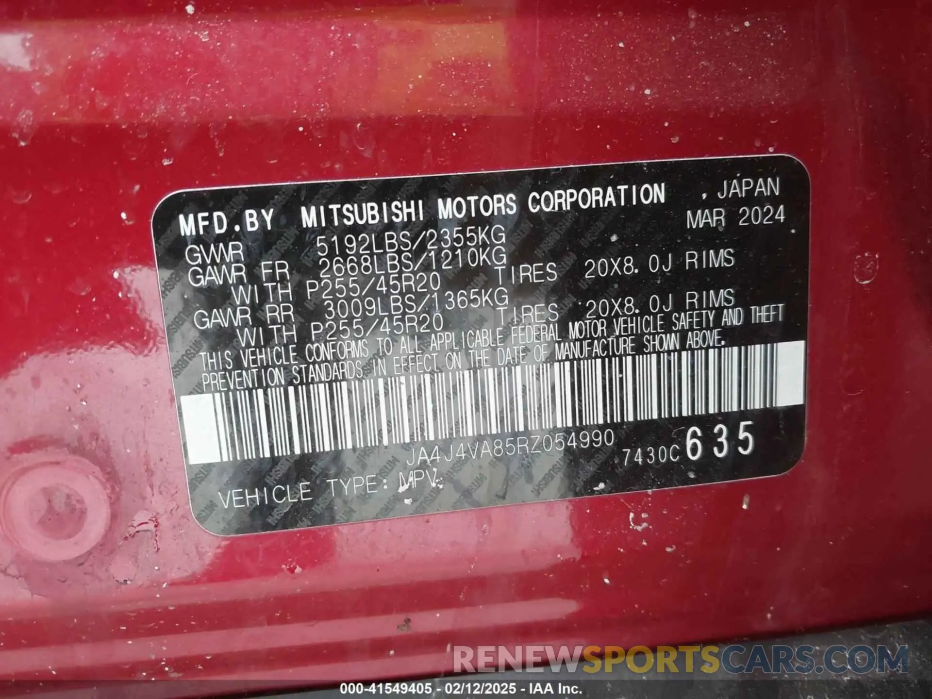 9 fotografías del automóvil dañado JA4J4VA85RZ054990 MITSUBISHI OUTLANDER 2024