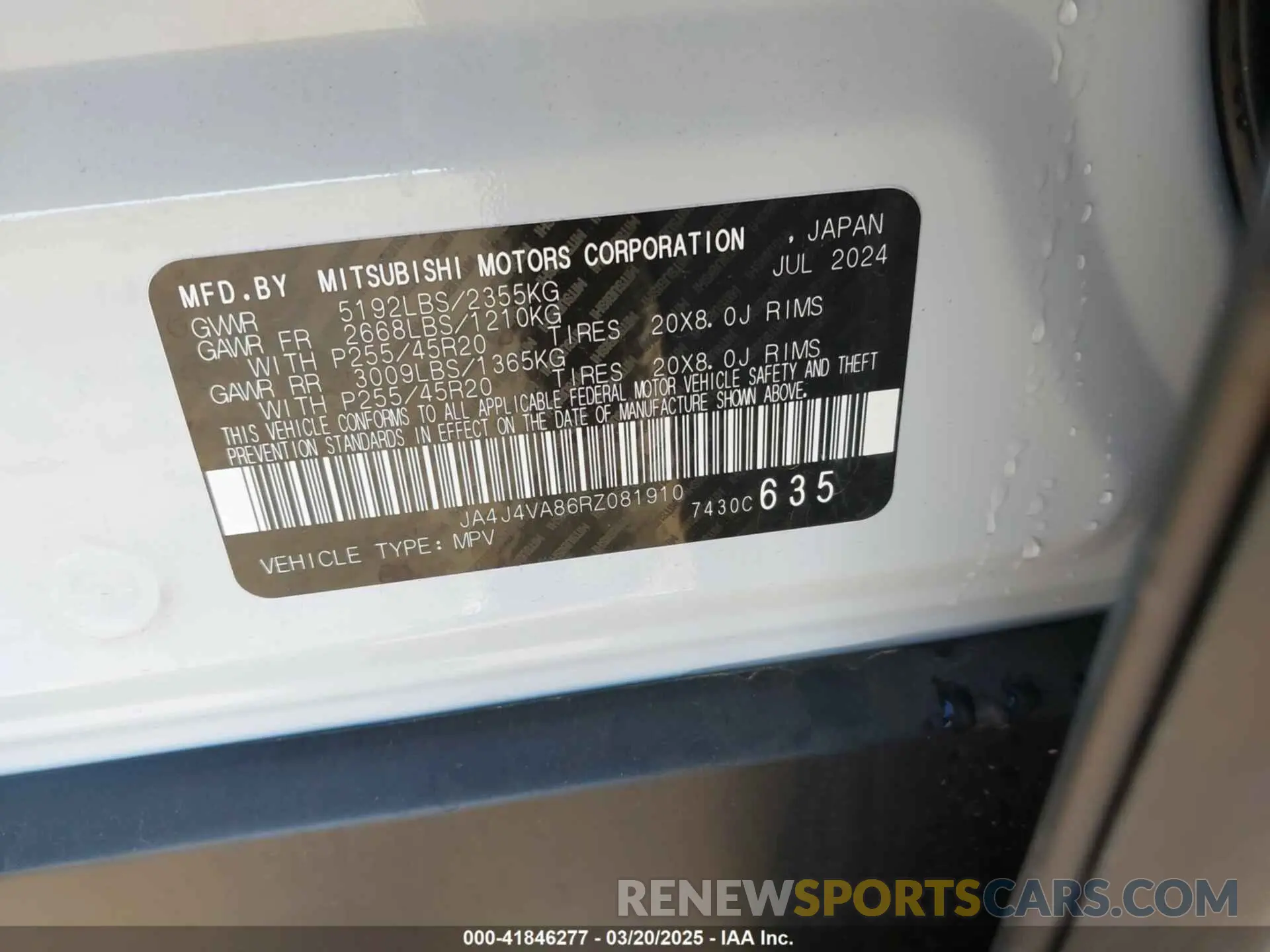 9 fotografías del automóvil dañado JA4J4VA86RZ081910 MITSUBISHI OUTLANDER 2024