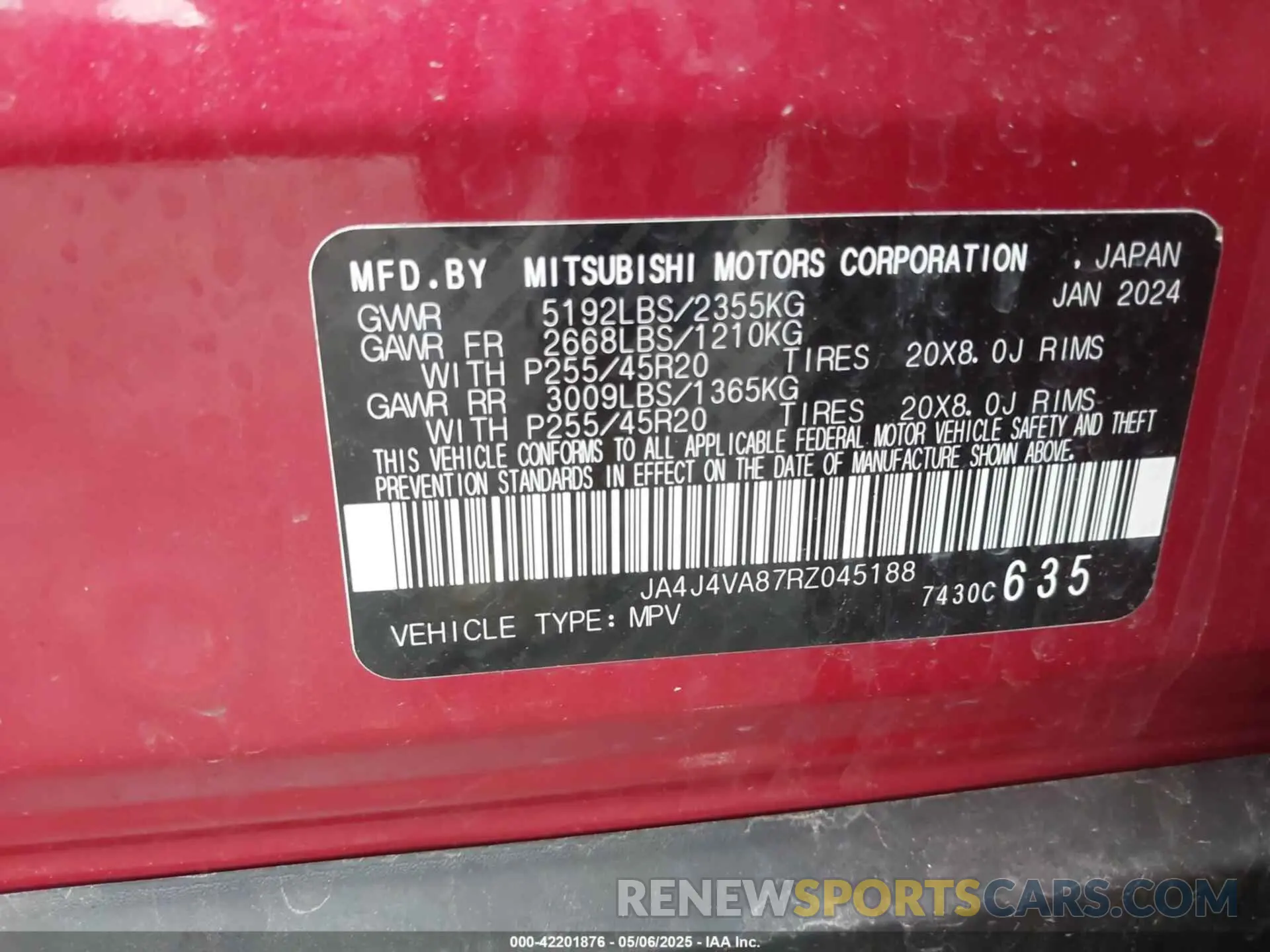 9 fotografías del automóvil dañado JA4J4VA87RZ045188 MITSUBISHI OUTLANDER 2024