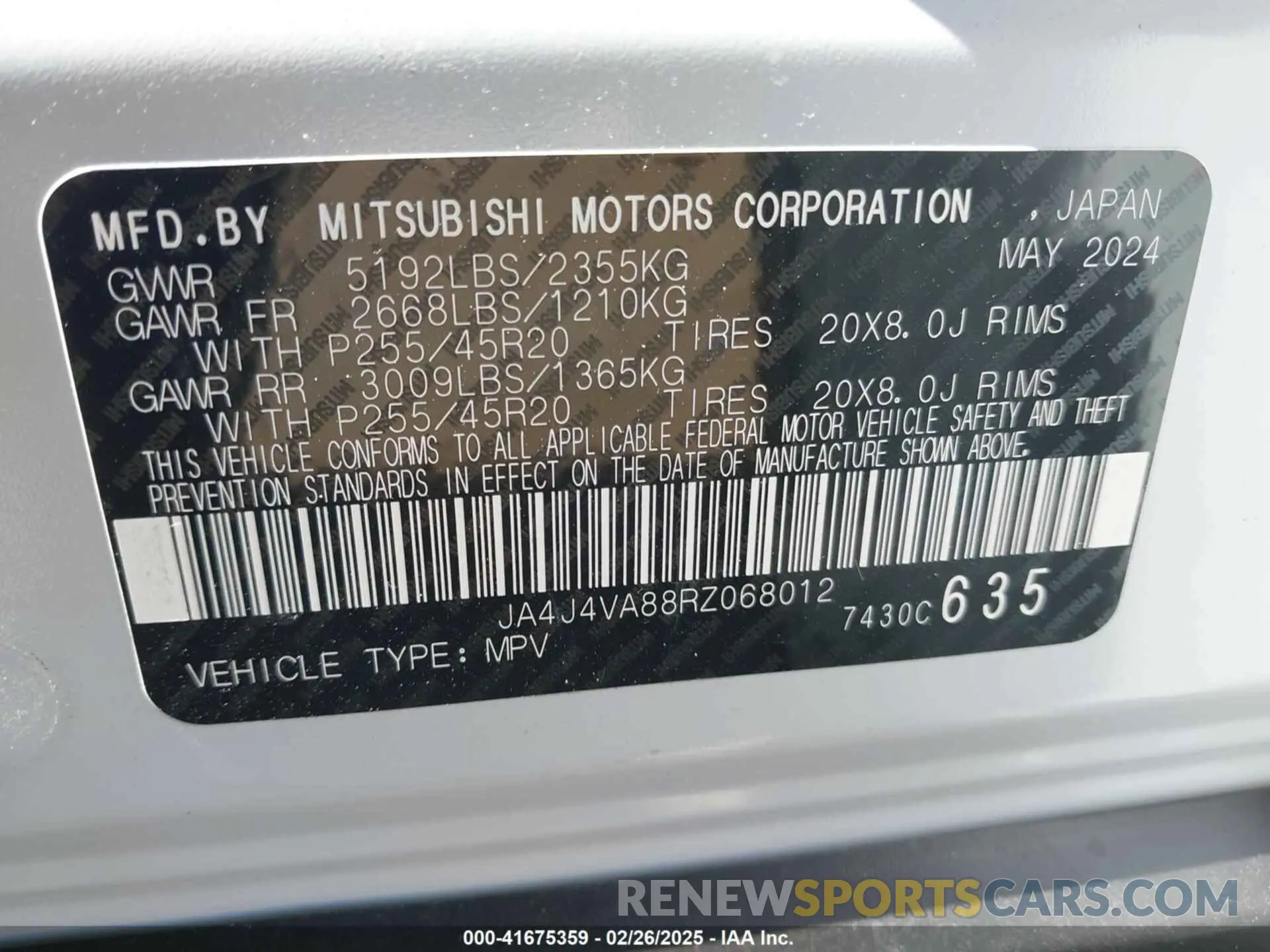 9 fotografías del automóvil dañado JA4J4VA88RZ068012 MITSUBISHI OUTLANDER 2024