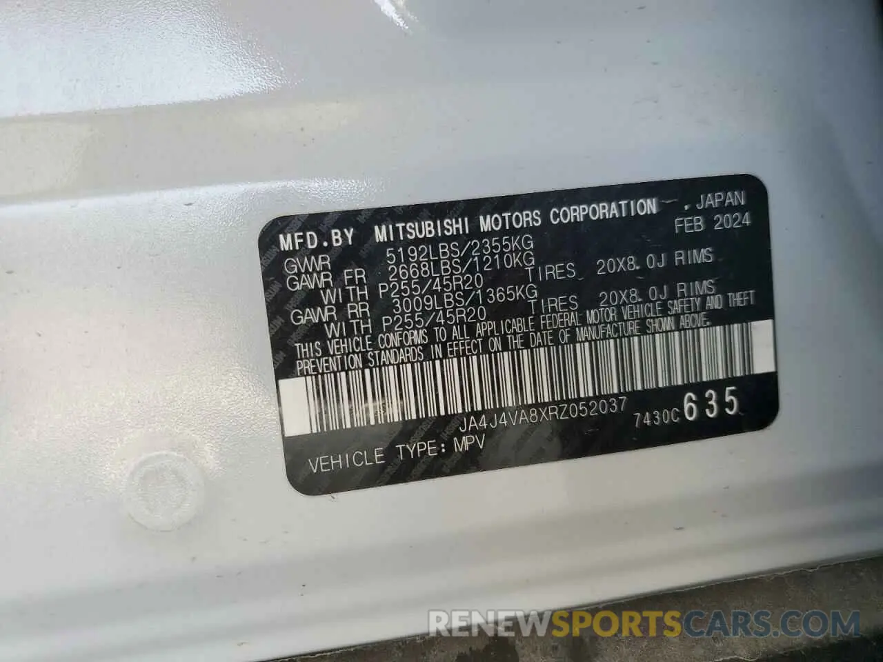 14 fotografías del automóvil dañado JA4J4VA8XRZ052037 MITSUBISHI OUTLANDER 2024
