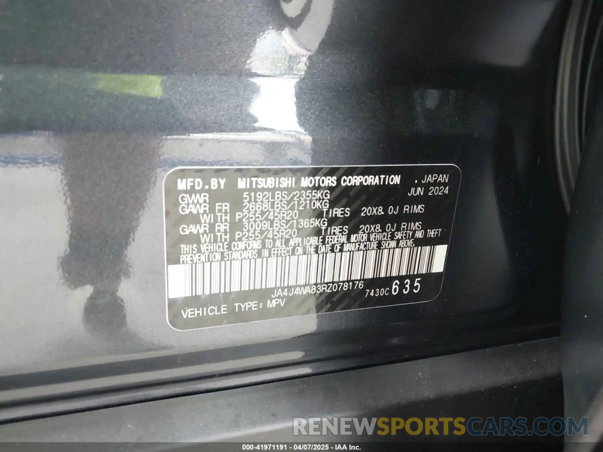 9 fotografías del automóvil dañado JA4J4WA83RZ078176 MITSUBISHI OUTLANDER 2024