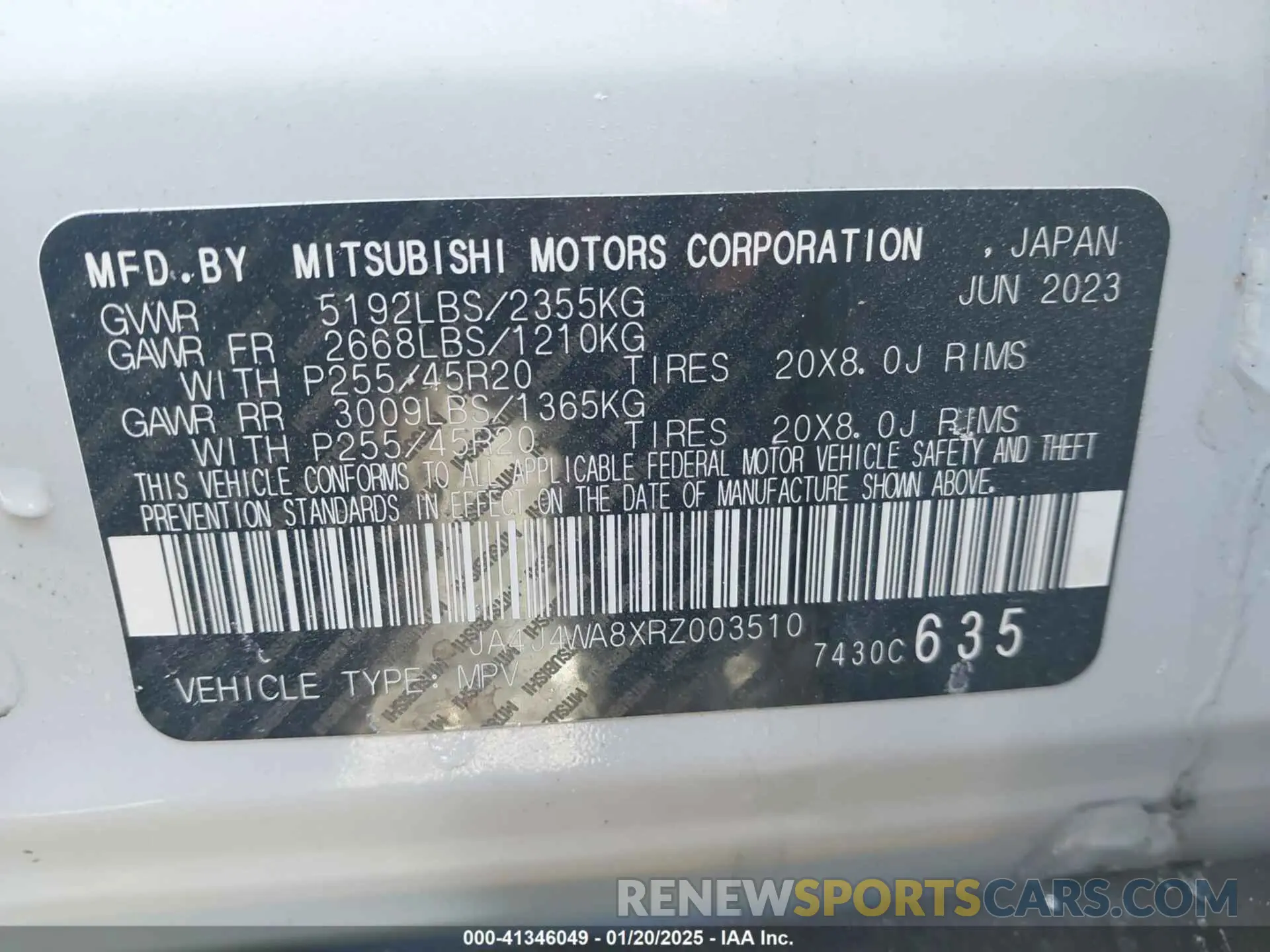 9 fotografías del automóvil dañado JA4J4WA8XRZ003510 MITSUBISHI OUTLANDER 2024