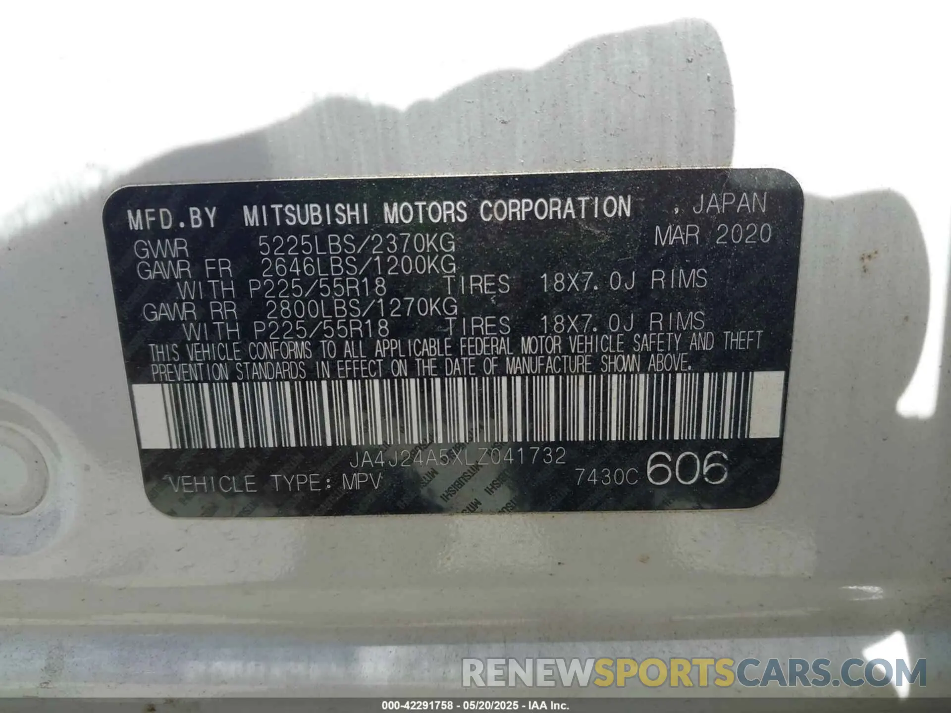 9 fotografías del automóvil dañado JA4J24A5XLZ041732 MITSUBISHI OUTLANDER PHEV 2020