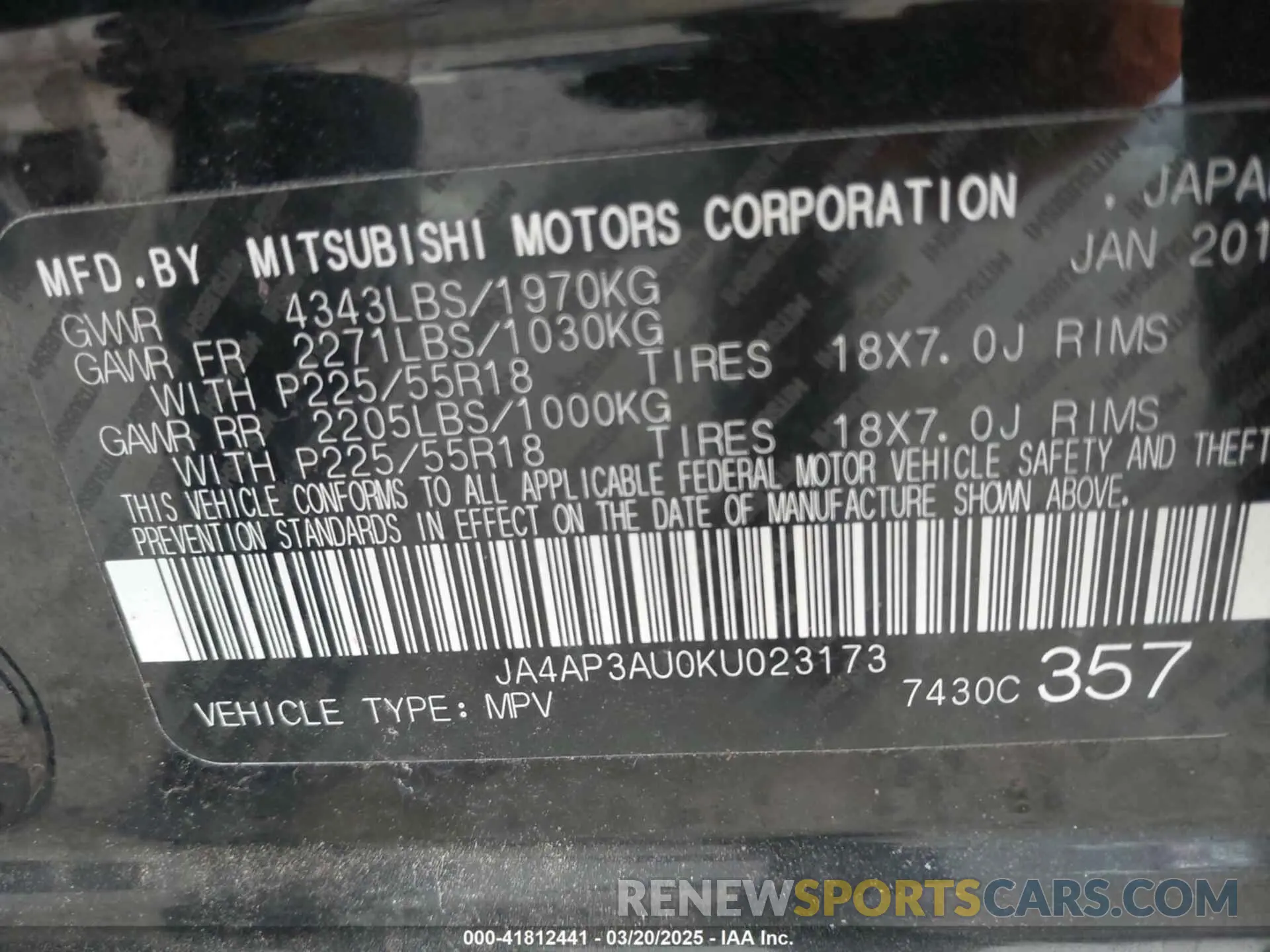 9 fotografías del automóvil dañado JA4AP3AU0KU023173 MITSUBISHI OUTLANDER SPORT 2019