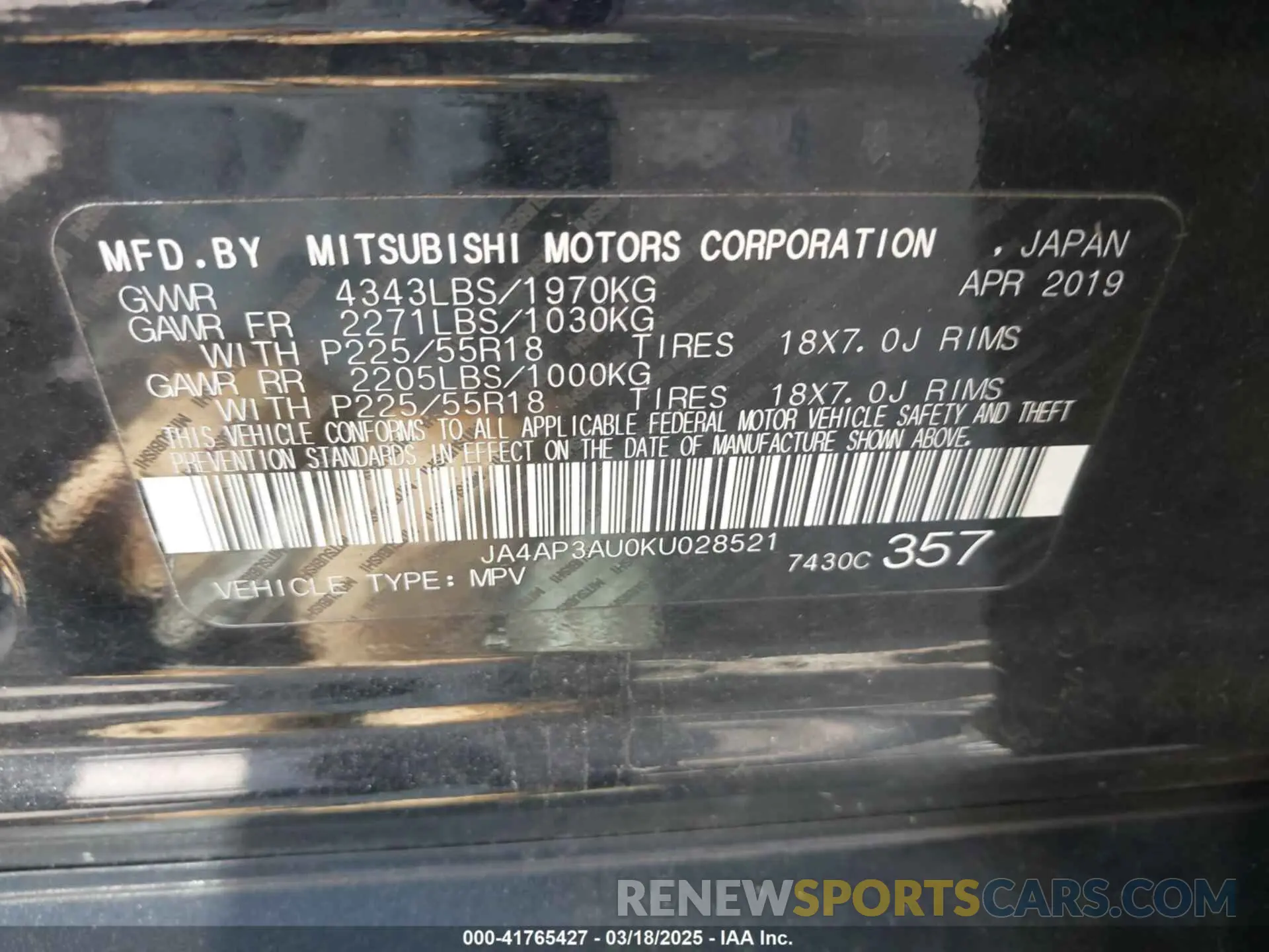 9 fotografías del automóvil dañado JA4AP3AU0KU028521 MITSUBISHI OUTLANDER SPORT 2019