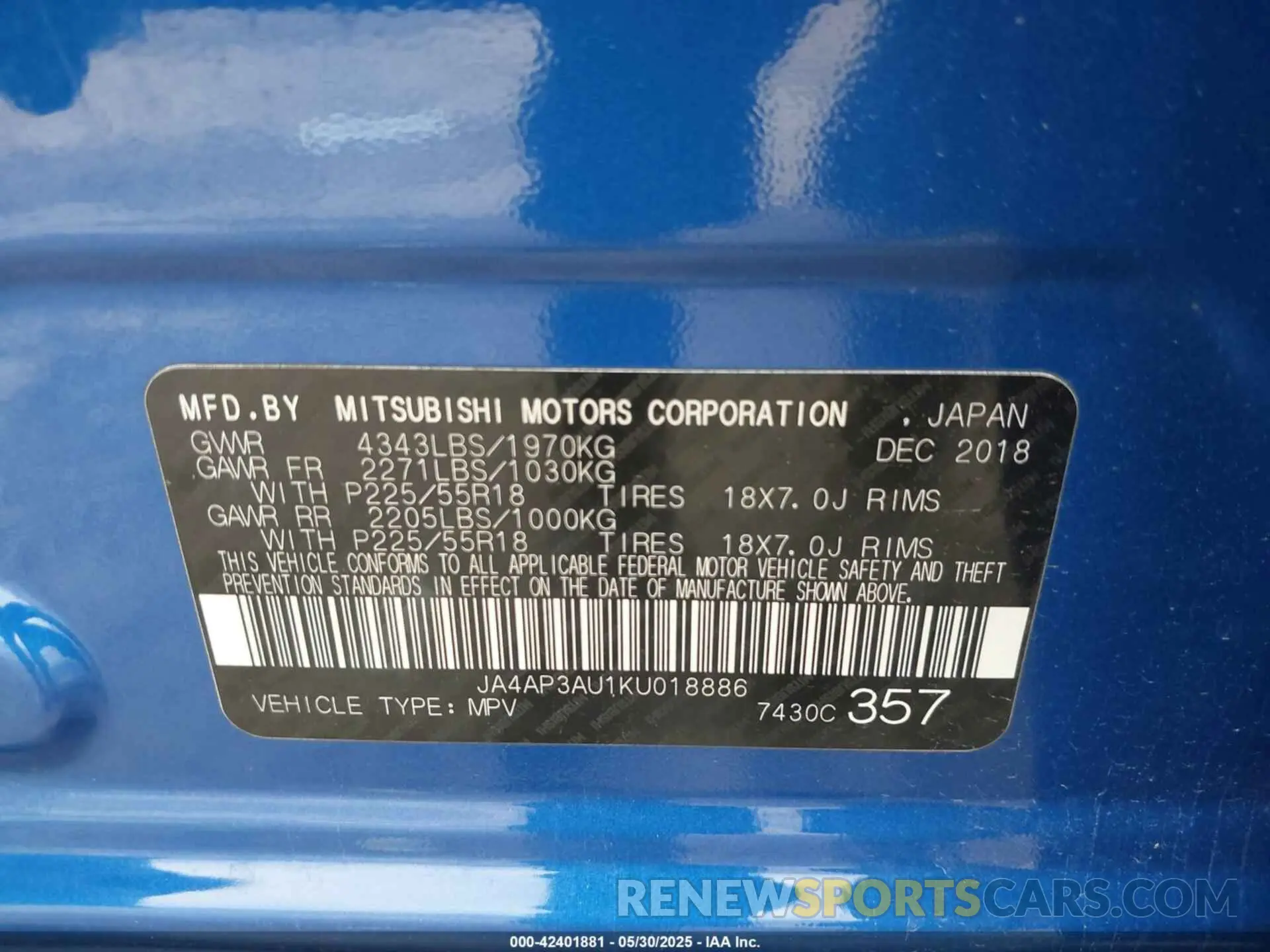 9 fotografías del automóvil dañado JA4AP3AU1KU018886 MITSUBISHI OUTLANDER SPORT 2019