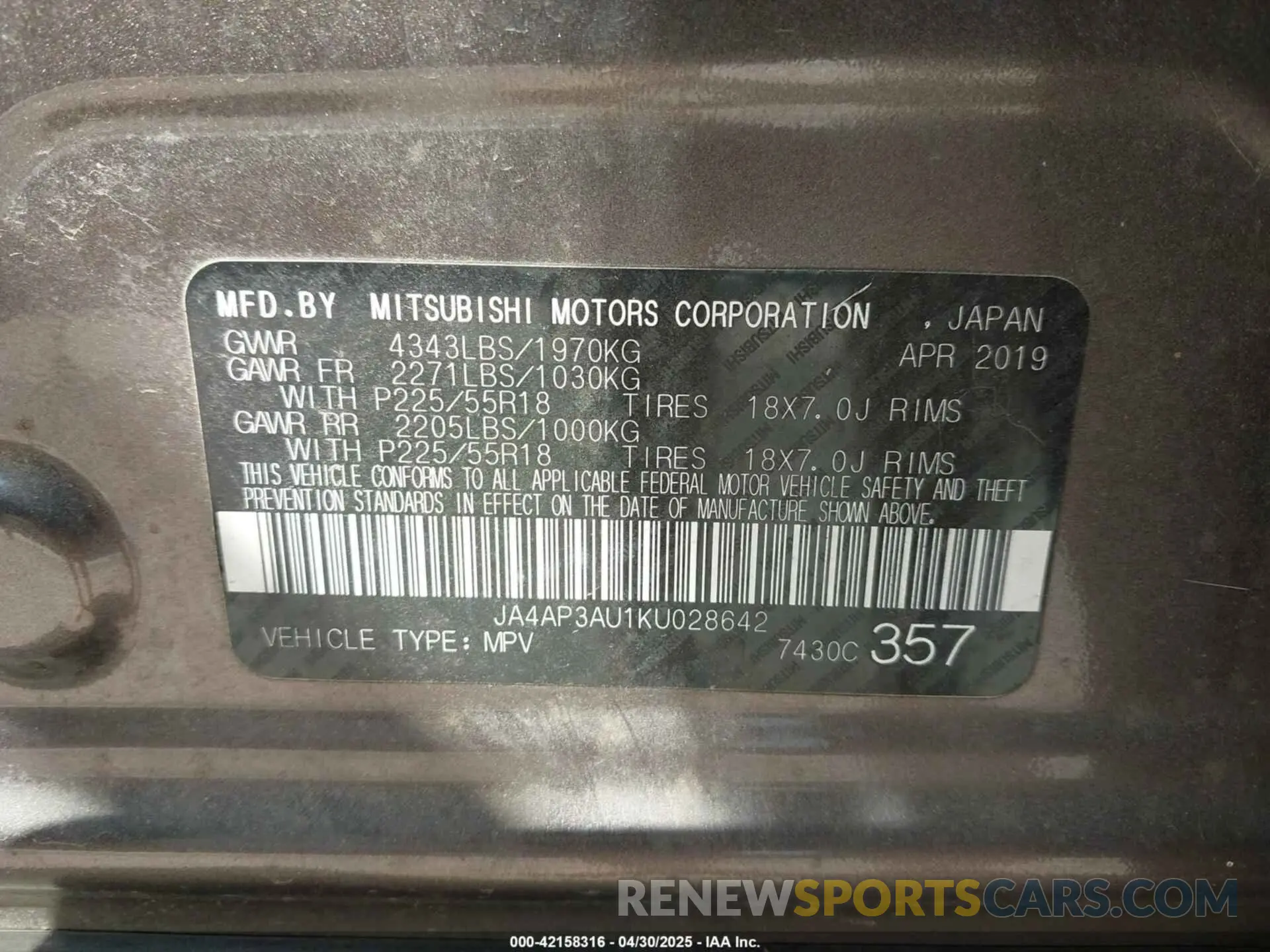 9 fotografías del automóvil dañado JA4AP3AU1KU028642 MITSUBISHI OUTLANDER SPORT 2019