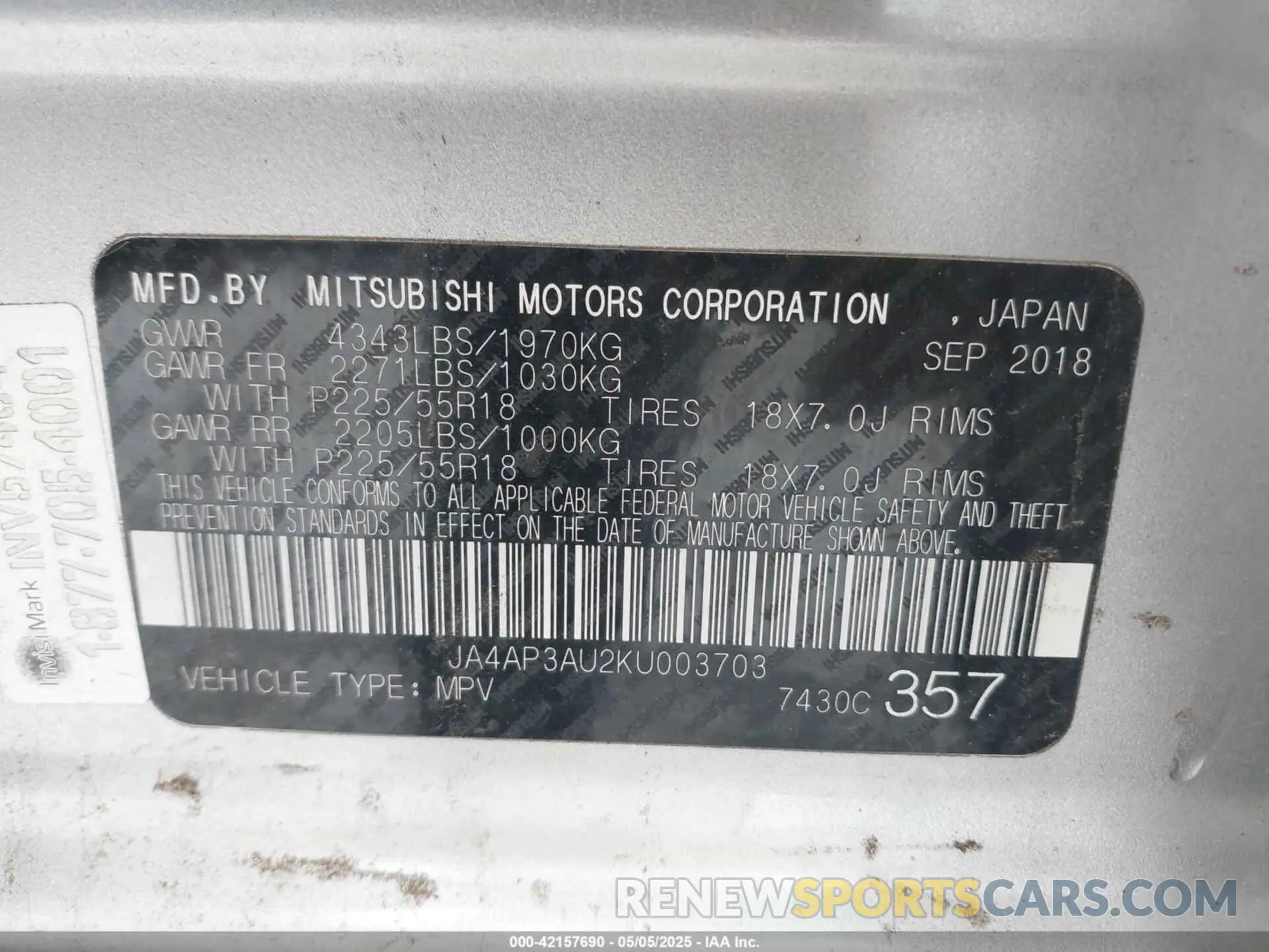 9 fotografías del automóvil dañado JA4AP3AU2KU003703 MITSUBISHI OUTLANDER SPORT 2019