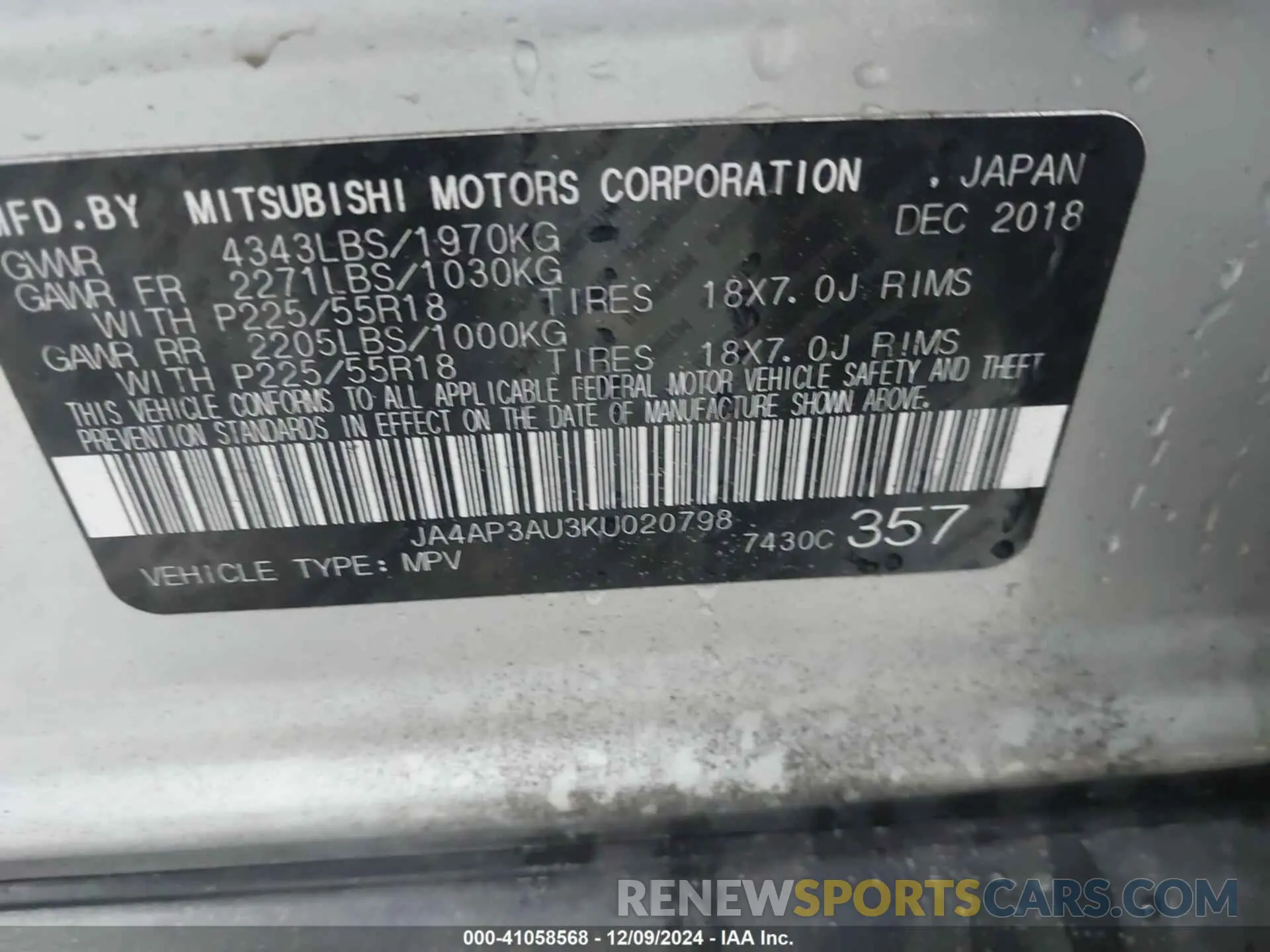 9 fotografías del automóvil dañado JA4AP3AU3KU020798 MITSUBISHI OUTLANDER SPORT 2019