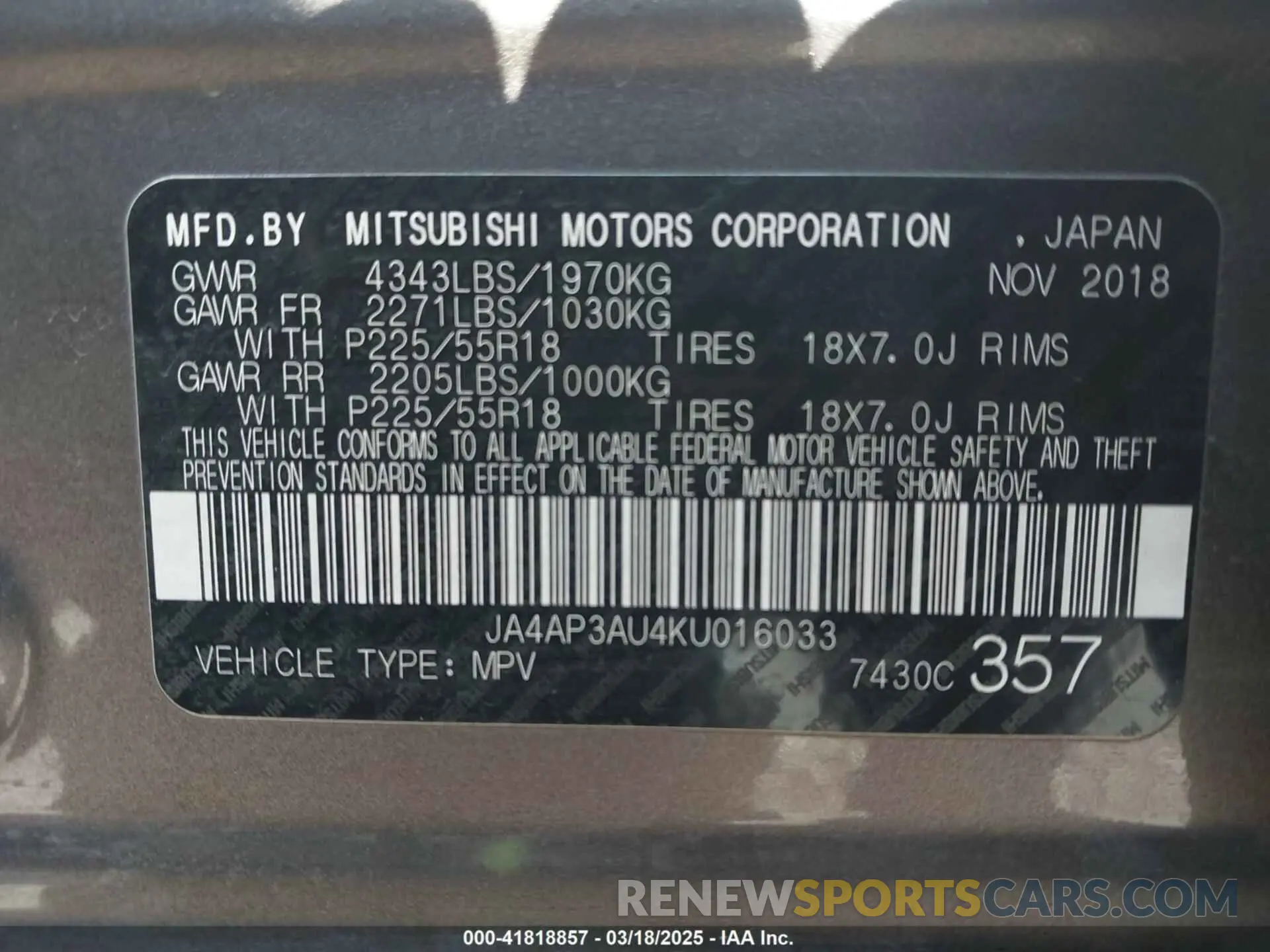 9 fotografías del automóvil dañado JA4AP3AU4KU016033 MITSUBISHI OUTLANDER SPORT 2019