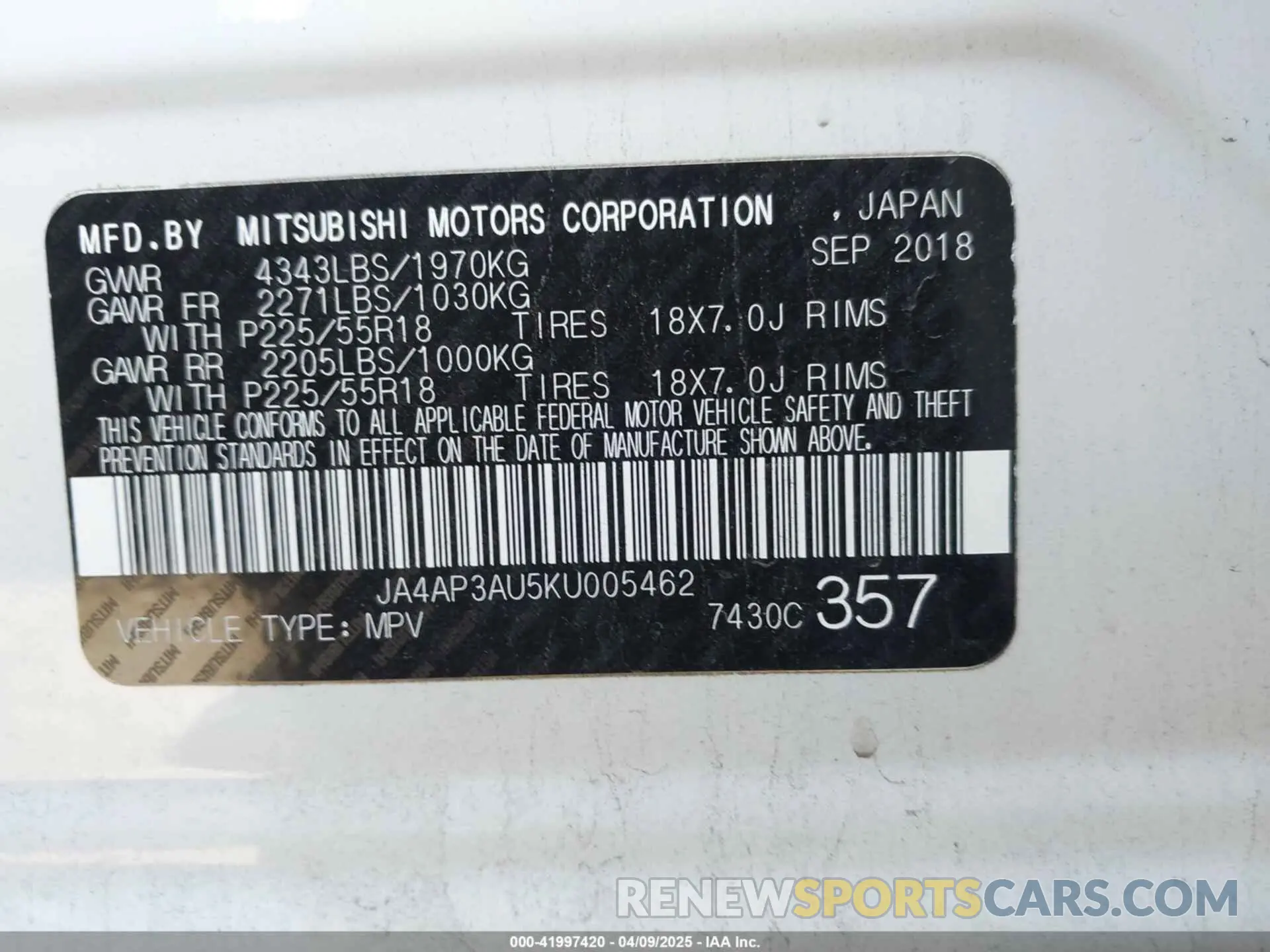 9 fotografías del automóvil dañado JA4AP3AU5KU005462 MITSUBISHI OUTLANDER SPORT 2019