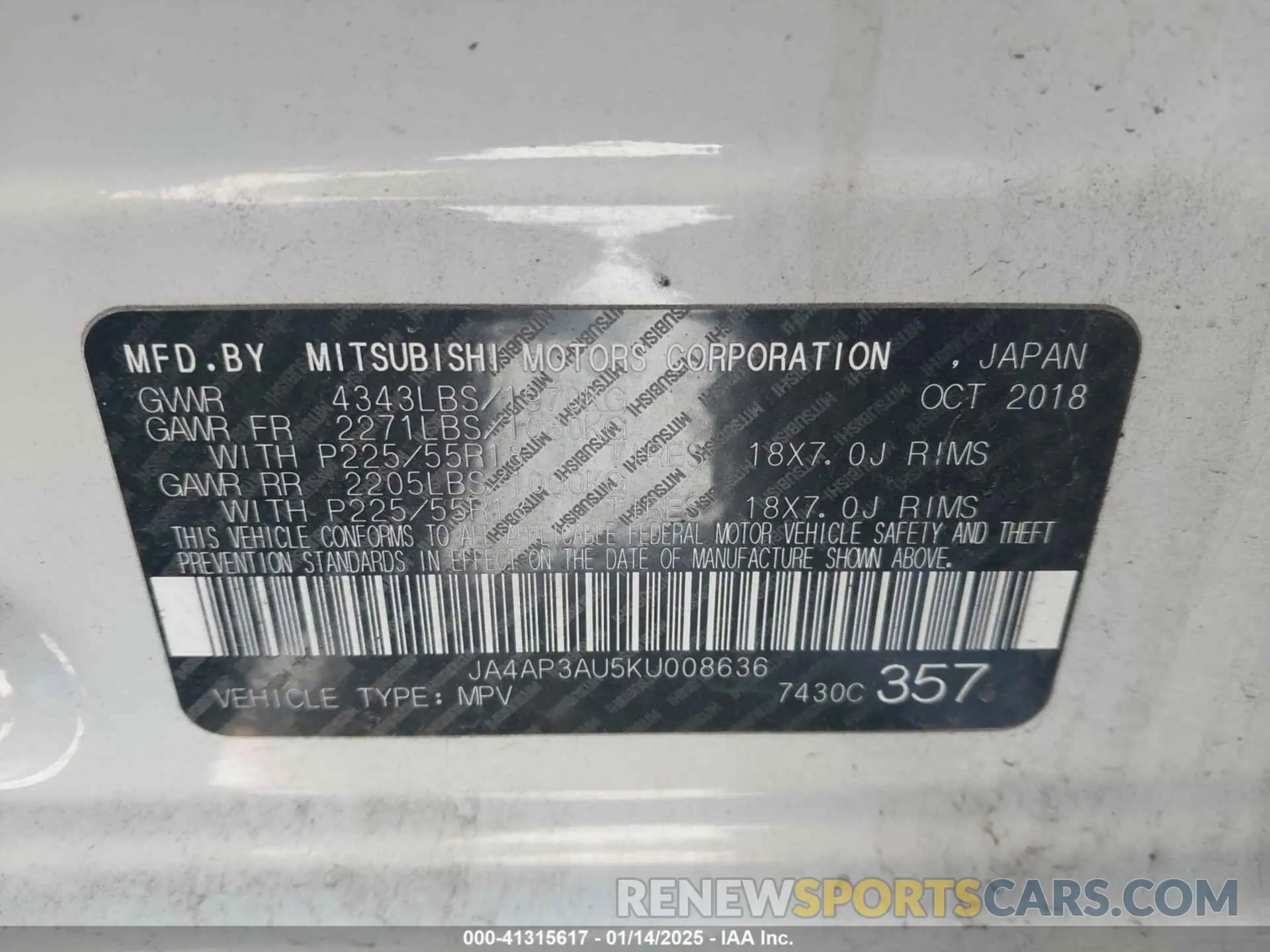 9 fotografías del automóvil dañado JA4AP3AU5KU008636 MITSUBISHI OUTLANDER SPORT 2019