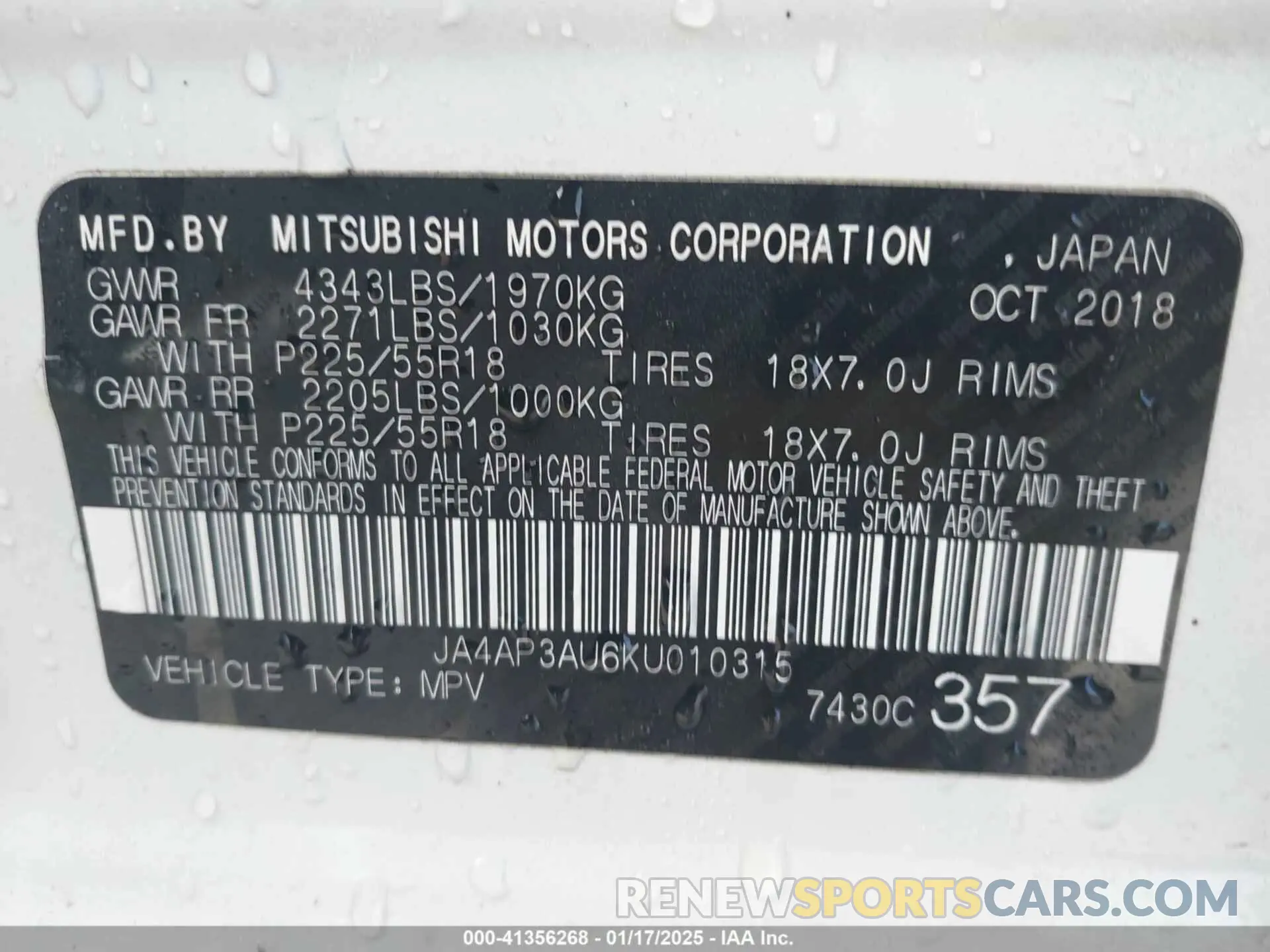 9 fotografías del automóvil dañado JA4AP3AU6KU010315 MITSUBISHI OUTLANDER SPORT 2019