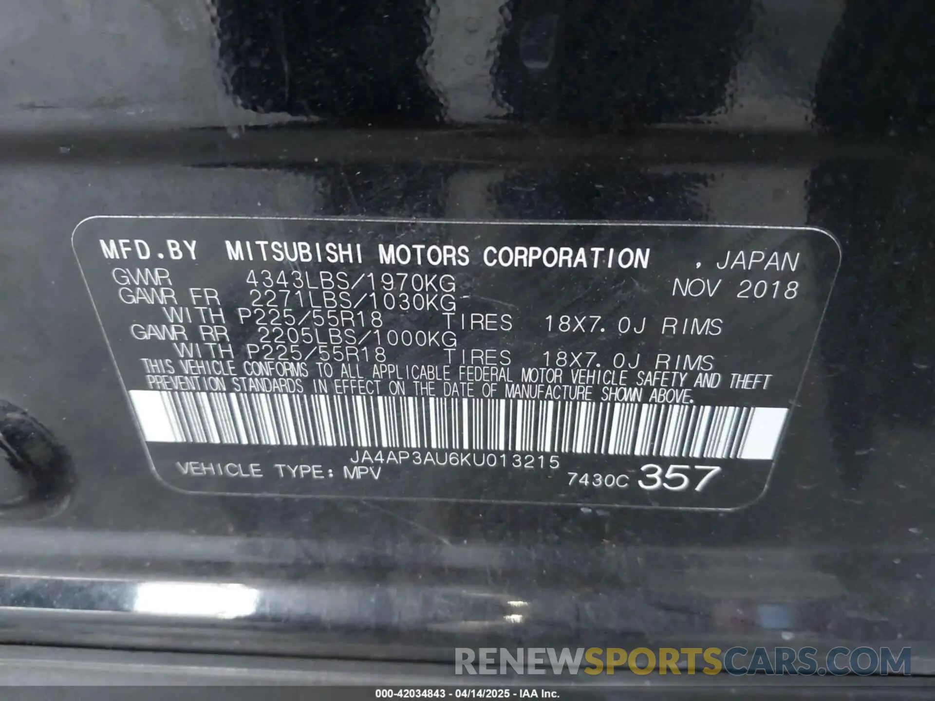 8 fotografías del automóvil dañado JA4AP3AU6KU013215 MITSUBISHI OUTLANDER SPORT 2019