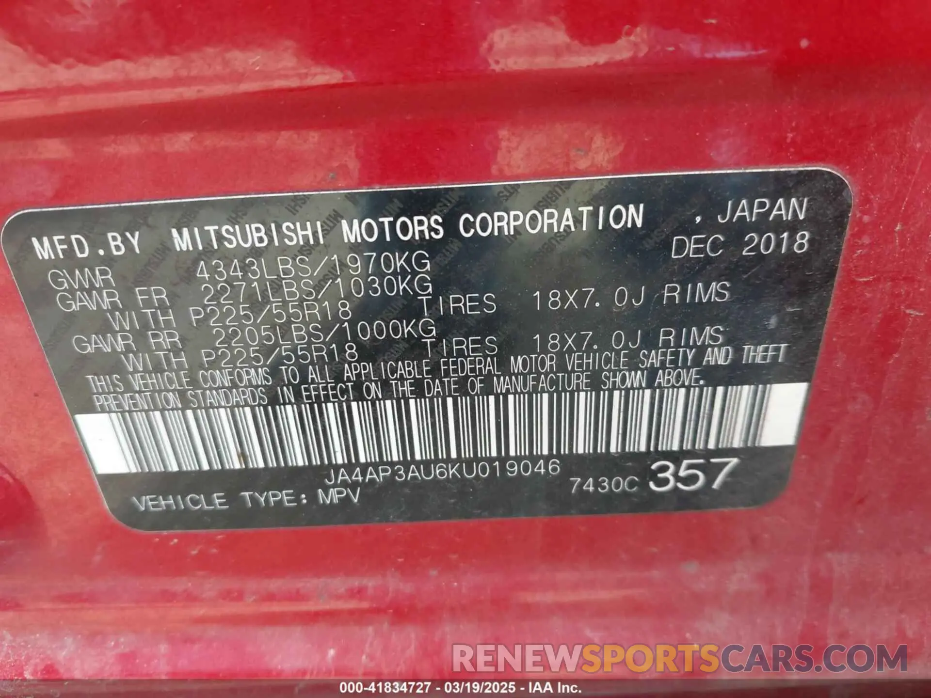 9 fotografías del automóvil dañado JA4AP3AU6KU019046 MITSUBISHI OUTLANDER SPORT 2019