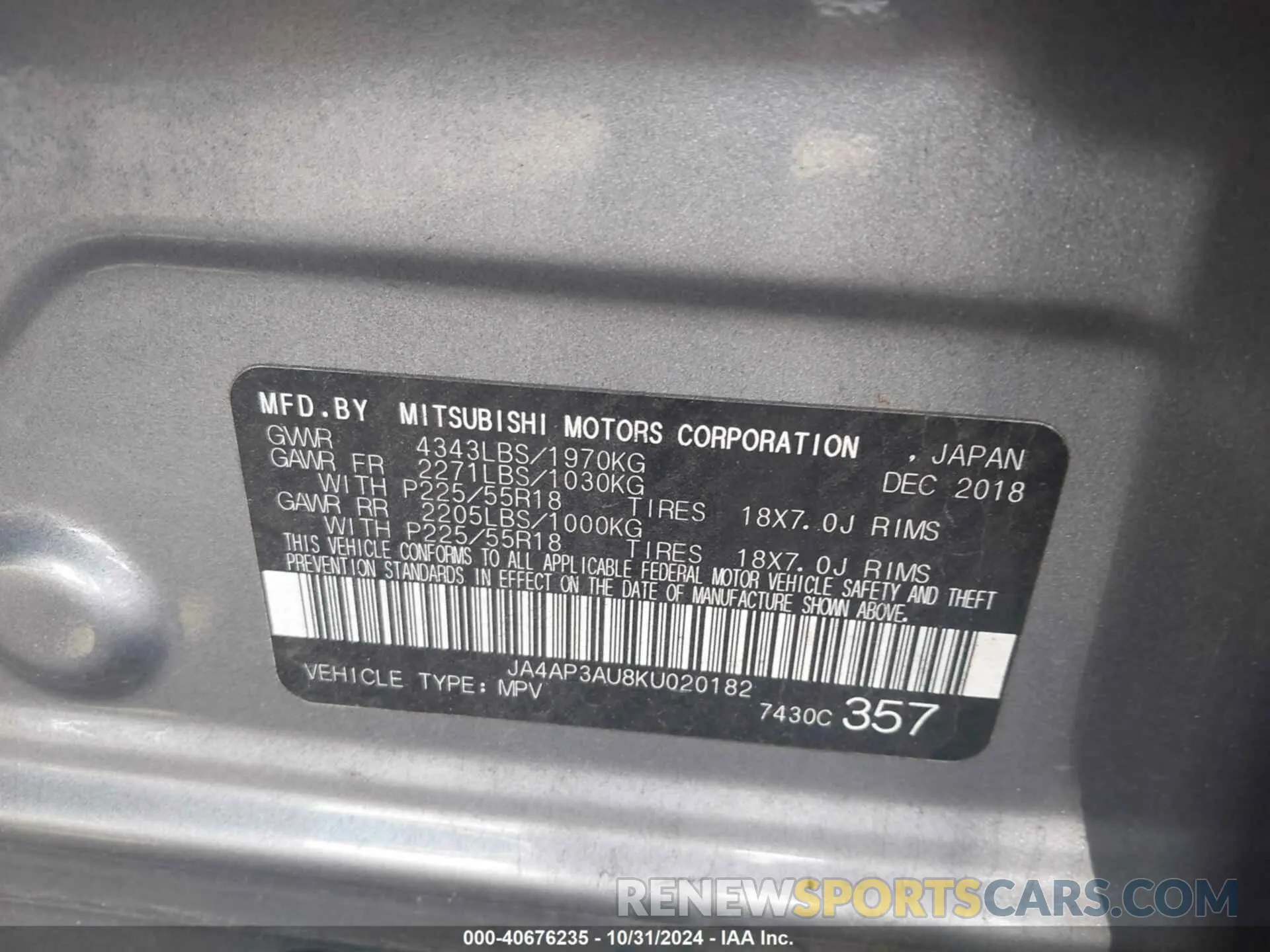 9 fotografías del automóvil dañado JA4AP3AU8KU020182 MITSUBISHI OUTLANDER SPORT 2019