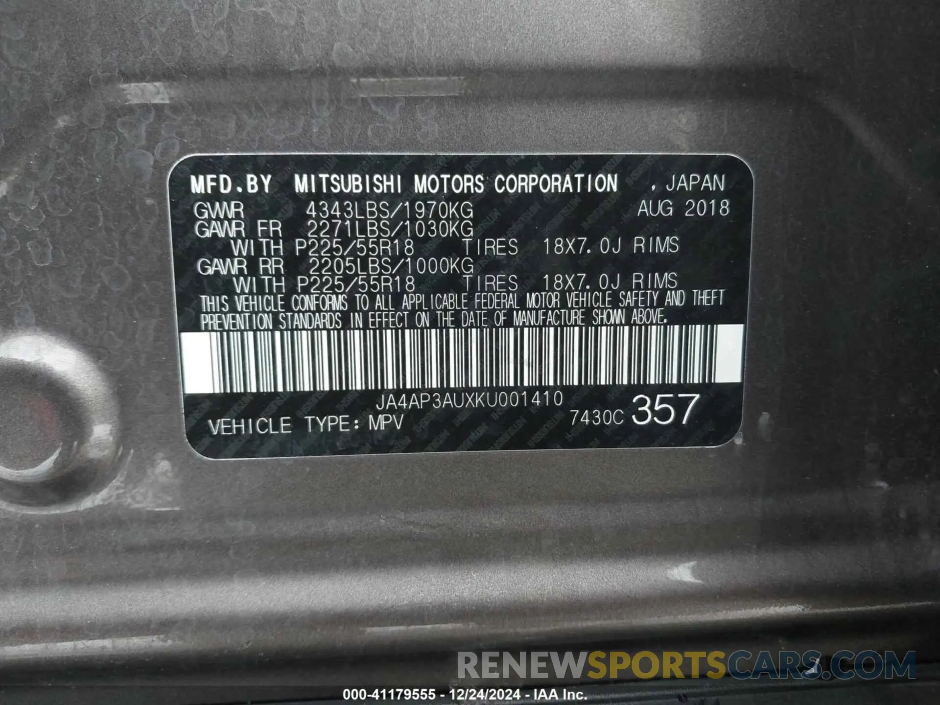 9 fotografías del automóvil dañado JA4AP3AUXKU001410 MITSUBISHI OUTLANDER SPORT 2019