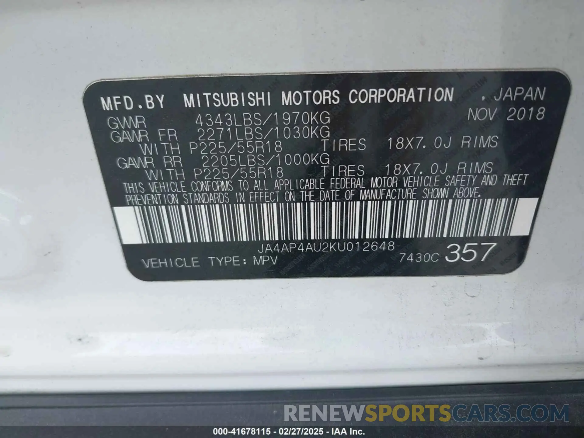 9 fotografías del automóvil dañado JA4AP4AU2KU012648 MITSUBISHI OUTLANDER SPORT 2019