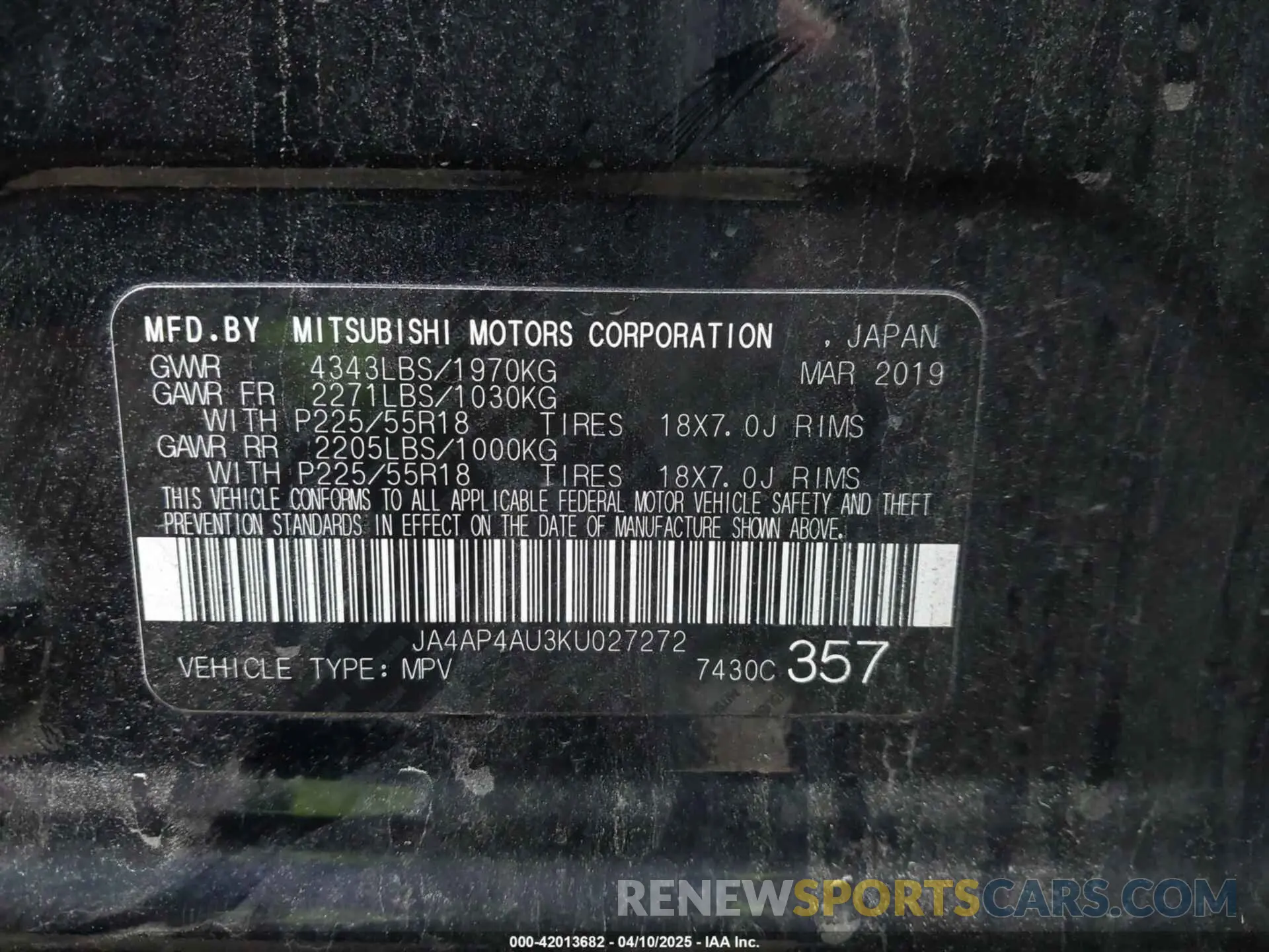 9 fotografías del automóvil dañado JA4AP4AU3KU027272 MITSUBISHI OUTLANDER SPORT 2019