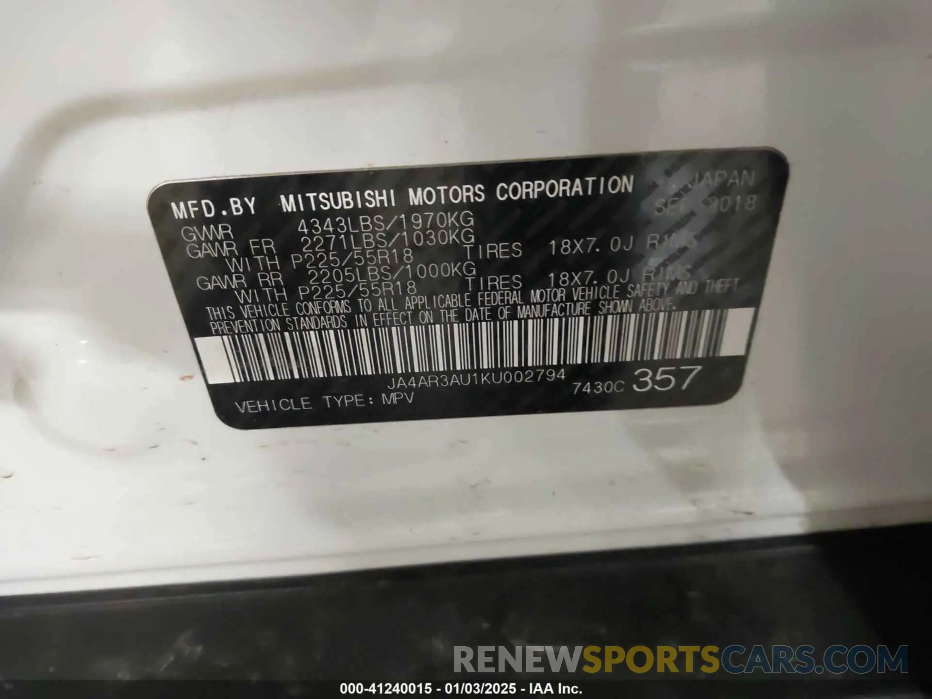 9 fotografías del automóvil dañado JA4AR3AU1KU002794 MITSUBISHI OUTLANDER SPORT 2019