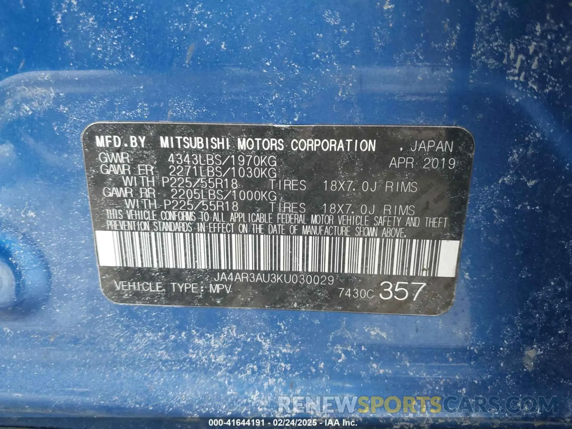 9 fotografías del automóvil dañado JA4AR3AU3KU030029 MITSUBISHI OUTLANDER SPORT 2019