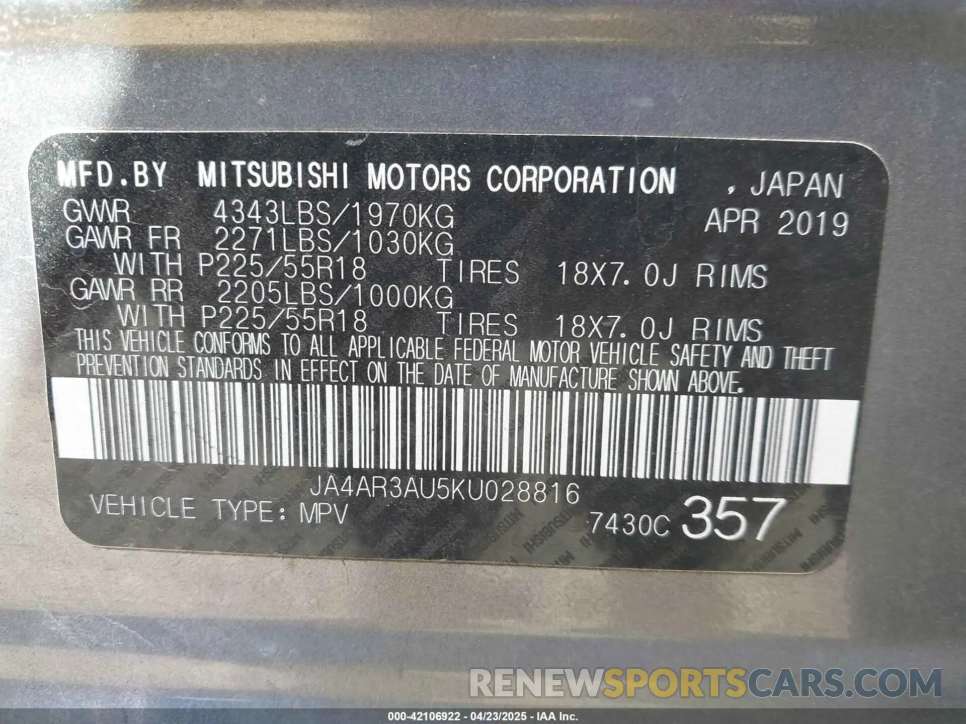 9 fotografías del automóvil dañado JA4AR3AU5KU028816 MITSUBISHI OUTLANDER SPORT 2019