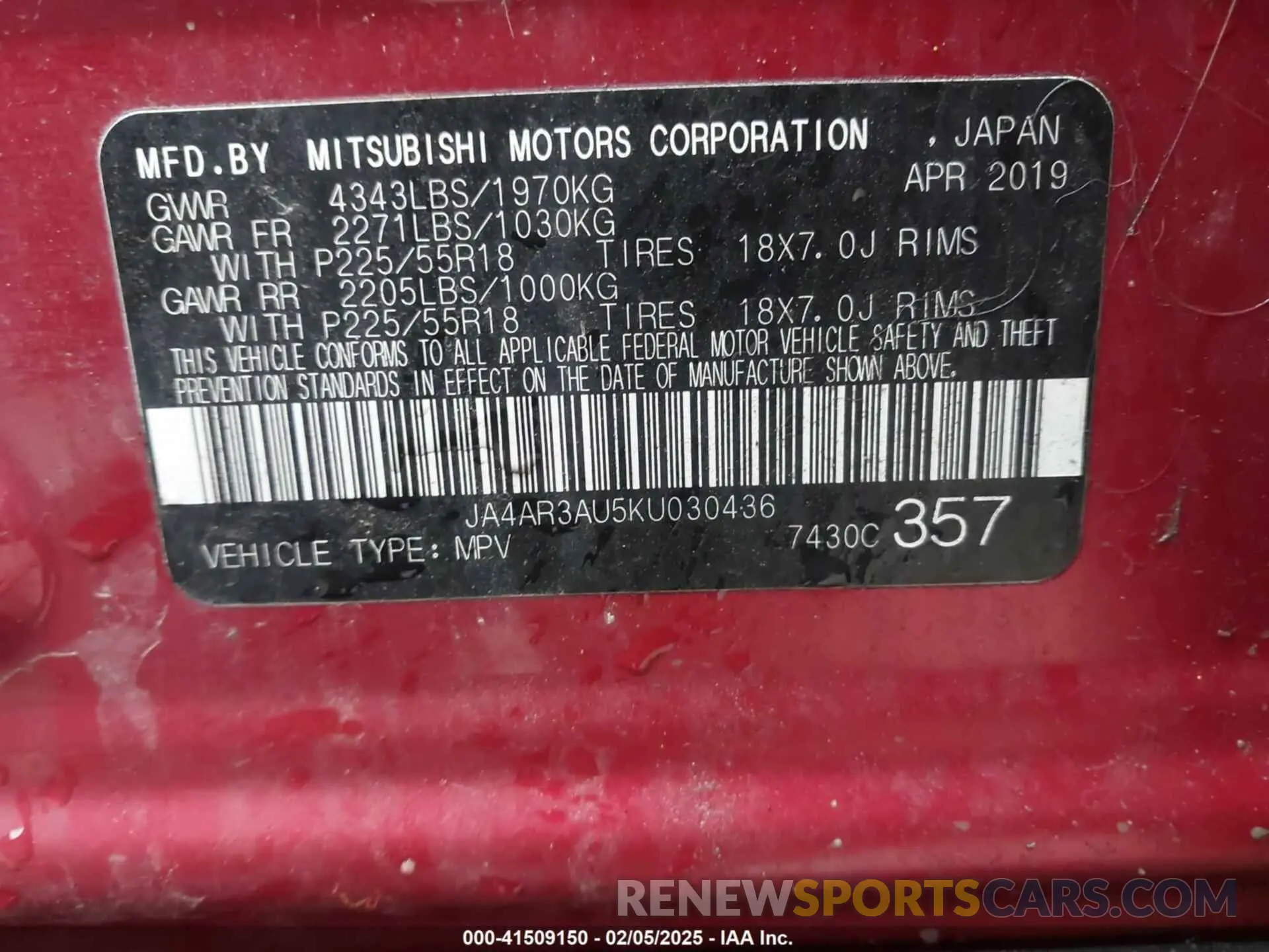 9 fotografías del automóvil dañado JA4AR3AU5KU030436 MITSUBISHI OUTLANDER SPORT 2019