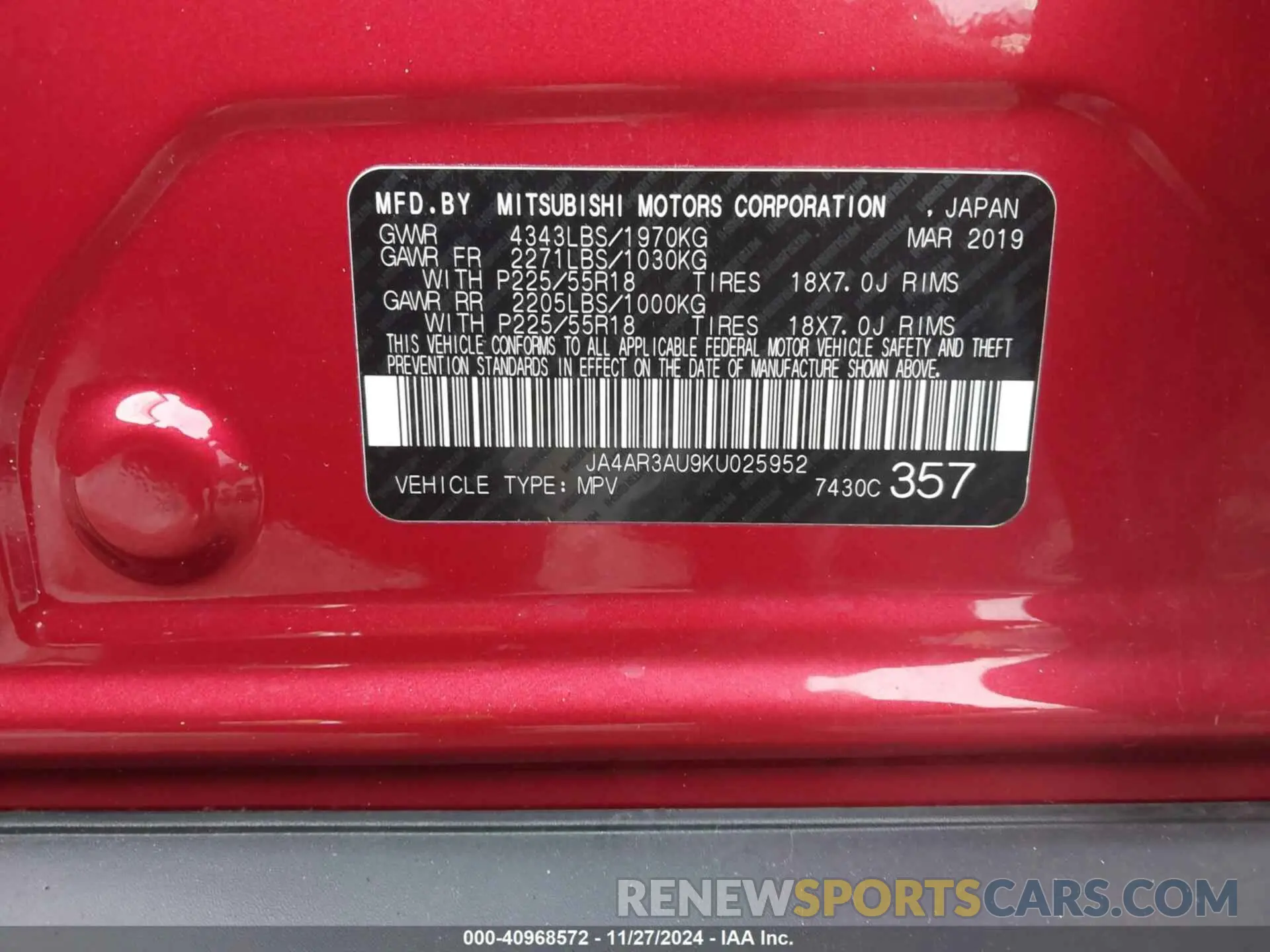 9 fotografías del automóvil dañado JA4AR3AU9KU025952 MITSUBISHI OUTLANDER SPORT 2019