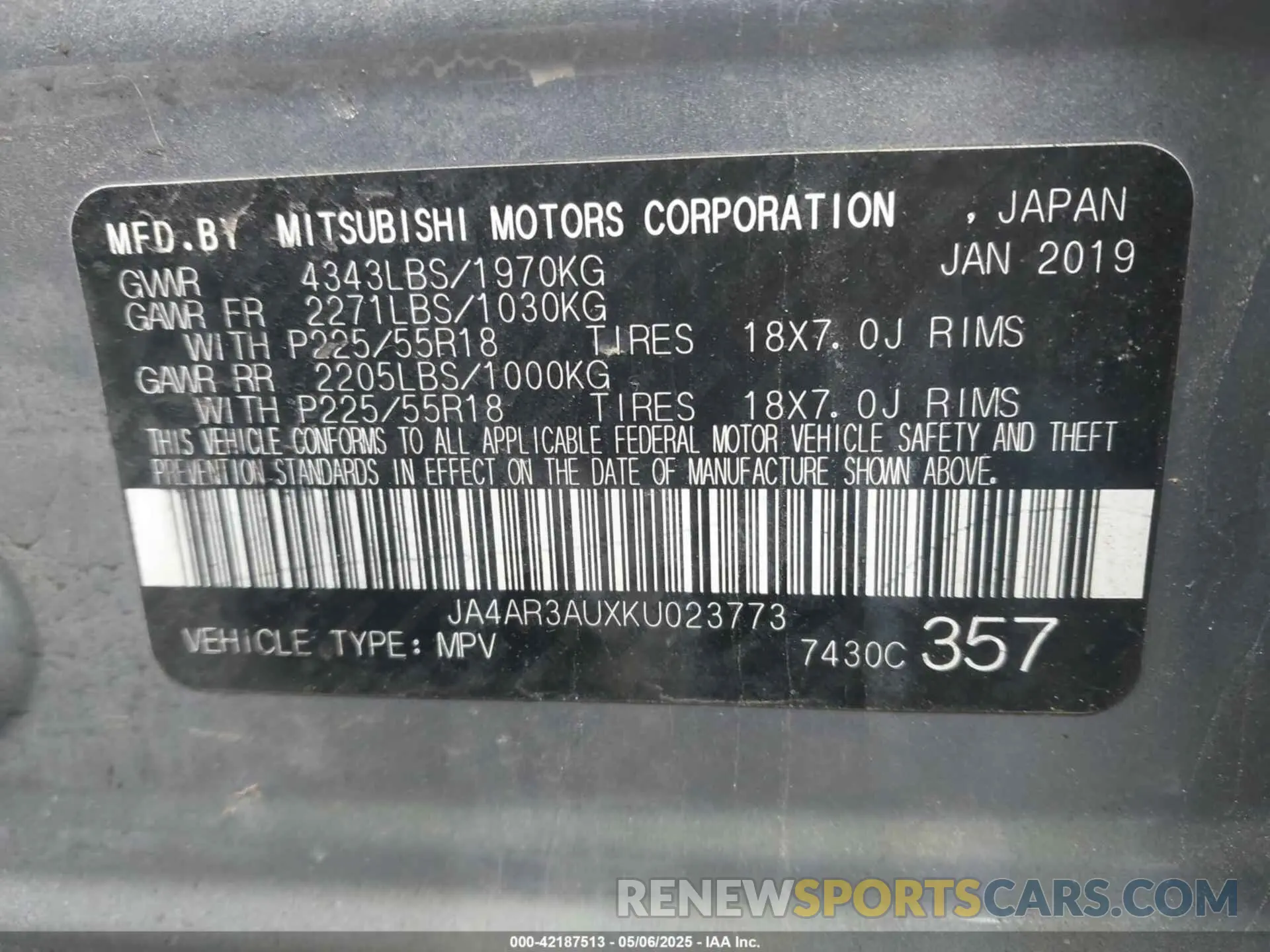9 fotografías del automóvil dañado JA4AR3AUXKU023773 MITSUBISHI OUTLANDER SPORT 2019