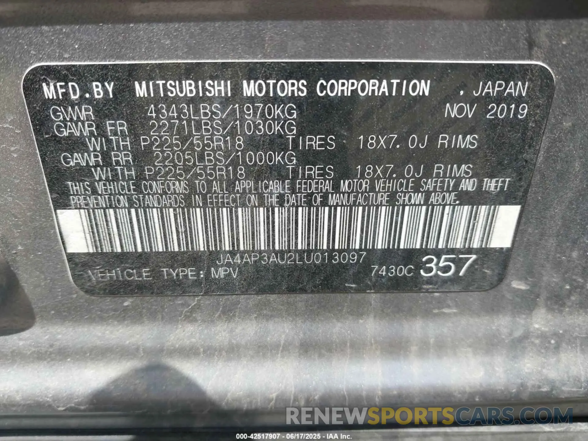 9 fotografías del automóvil dañado JA4AP3AU2LU013097 MITSUBISHI OUTLANDER SPORT 2020