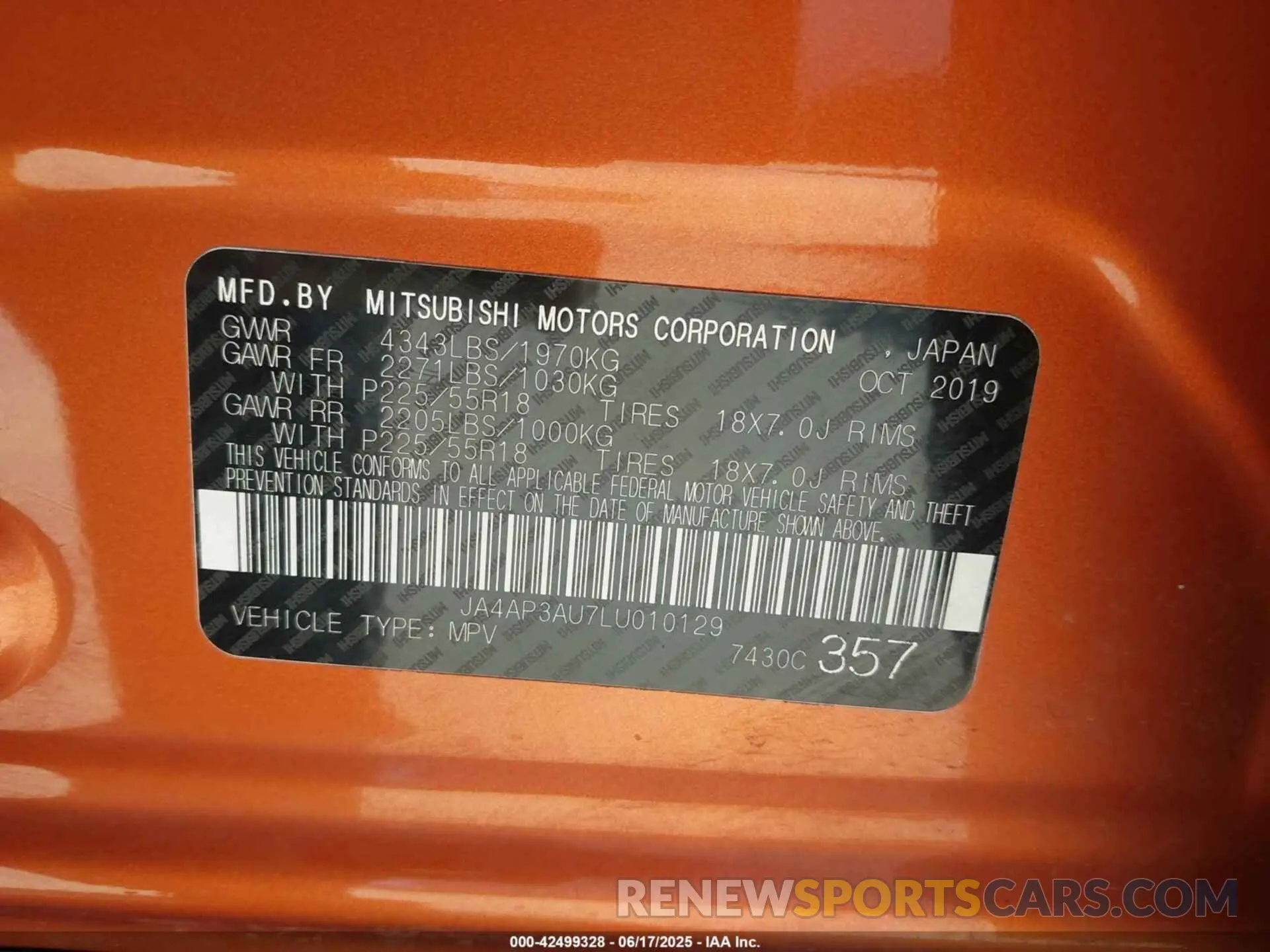 9 fotografías del automóvil dañado JA4AP3AU7LU010129 MITSUBISHI OUTLANDER SPORT 2020