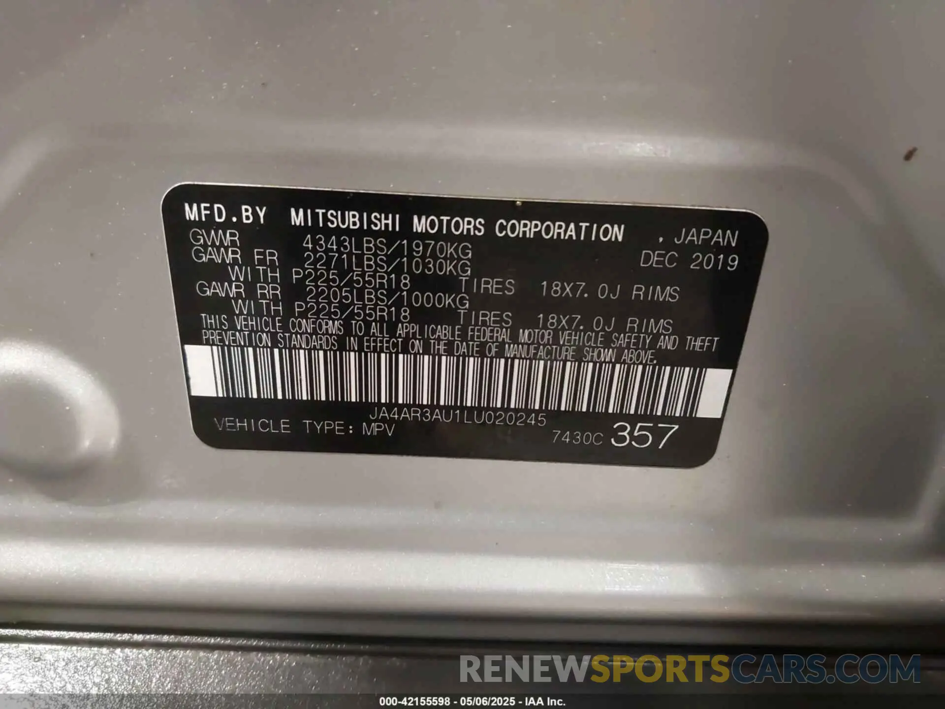 9 fotografías del automóvil dañado JA4AR3AU1LU020245 MITSUBISHI OUTLANDER SPORT 2020
