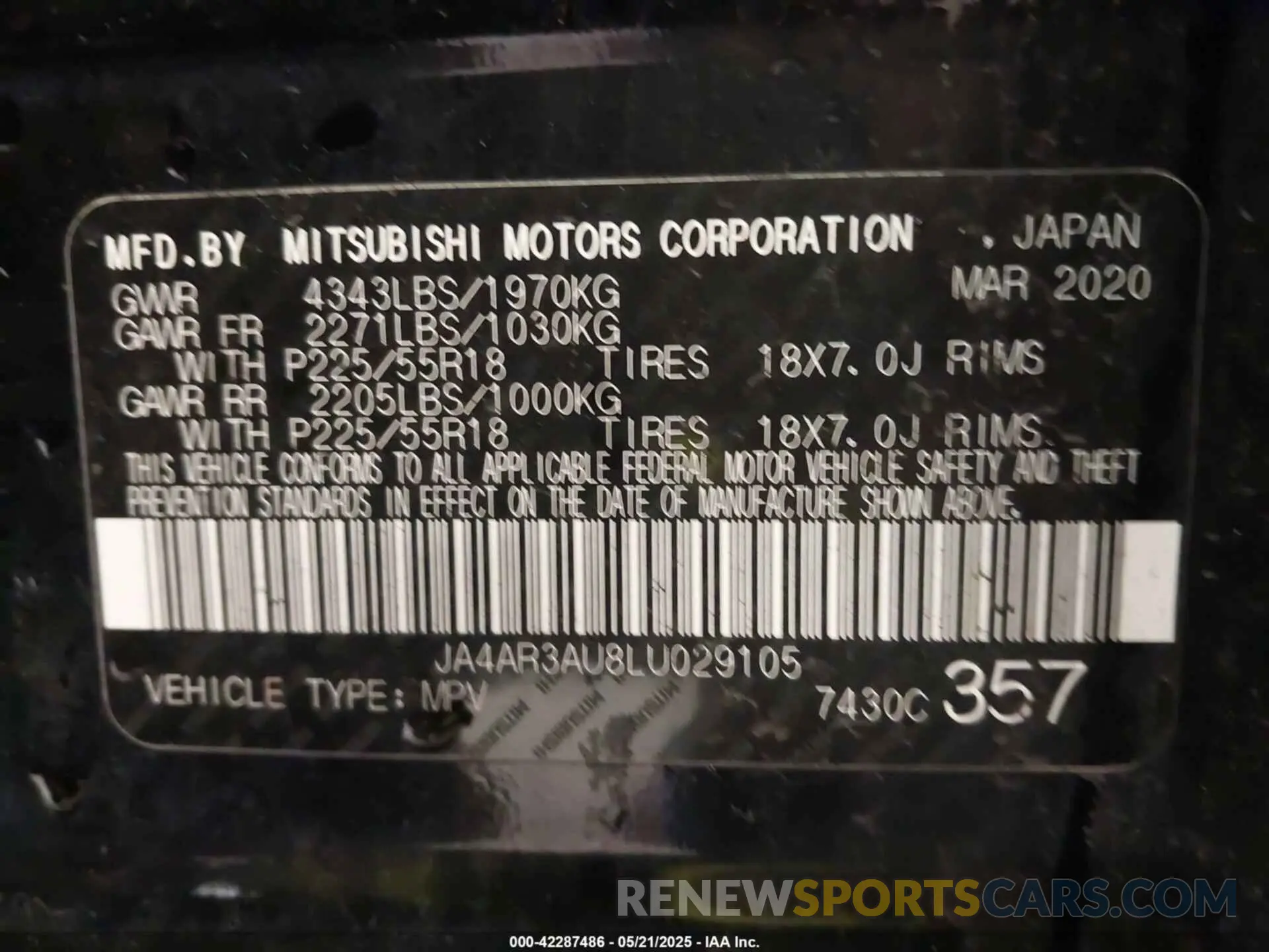 9 fotografías del automóvil dañado JA4AR3AU8LU029105 MITSUBISHI OUTLANDER SPORT 2020