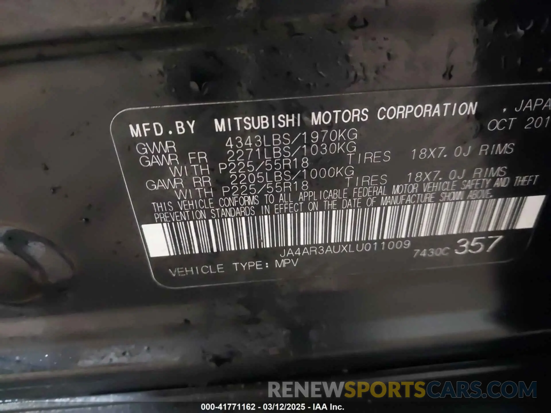 9 fotografías del automóvil dañado JA4AR3AUXLU011009 MITSUBISHI OUTLANDER SPORT 2020