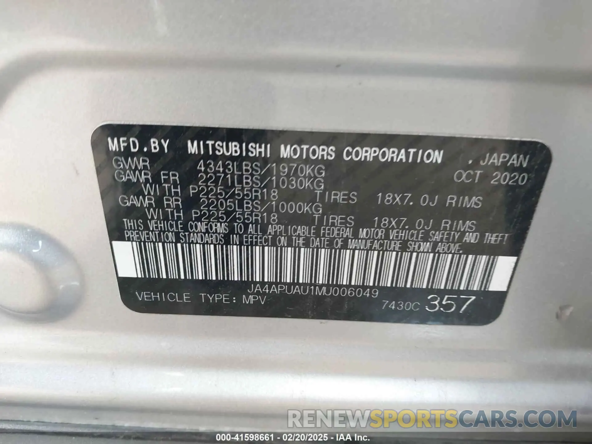 9 fotografías del automóvil dañado JA4APUAU1MU006049 MITSUBISHI OUTLANDER SPORT 2021