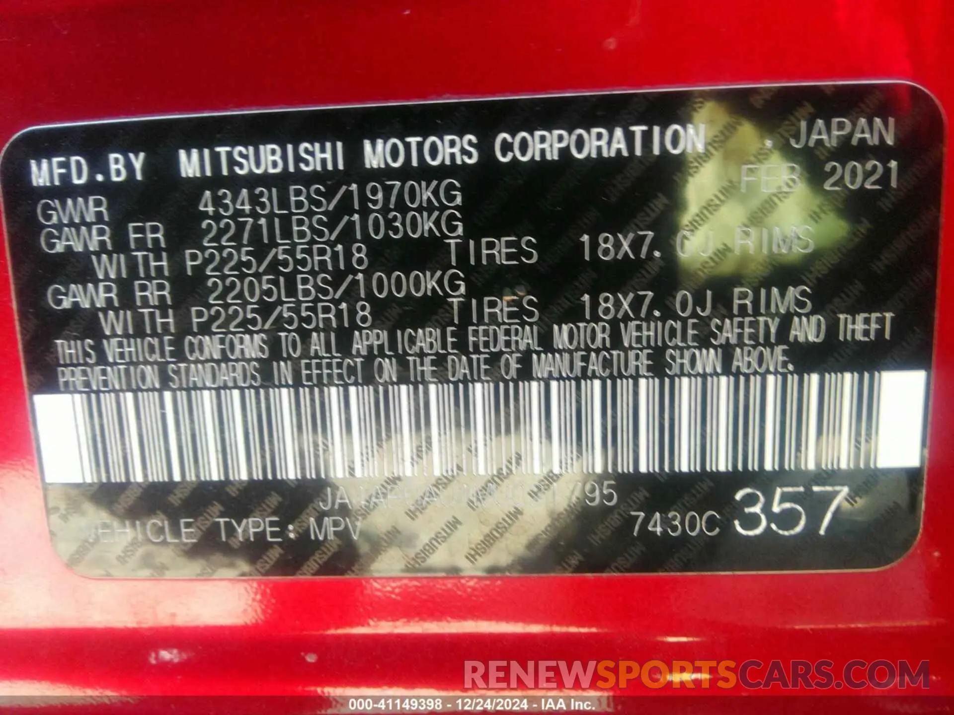 9 fotografías del automóvil dañado JA4APUAU1MU021795 MITSUBISHI OUTLANDER SPORT 2021