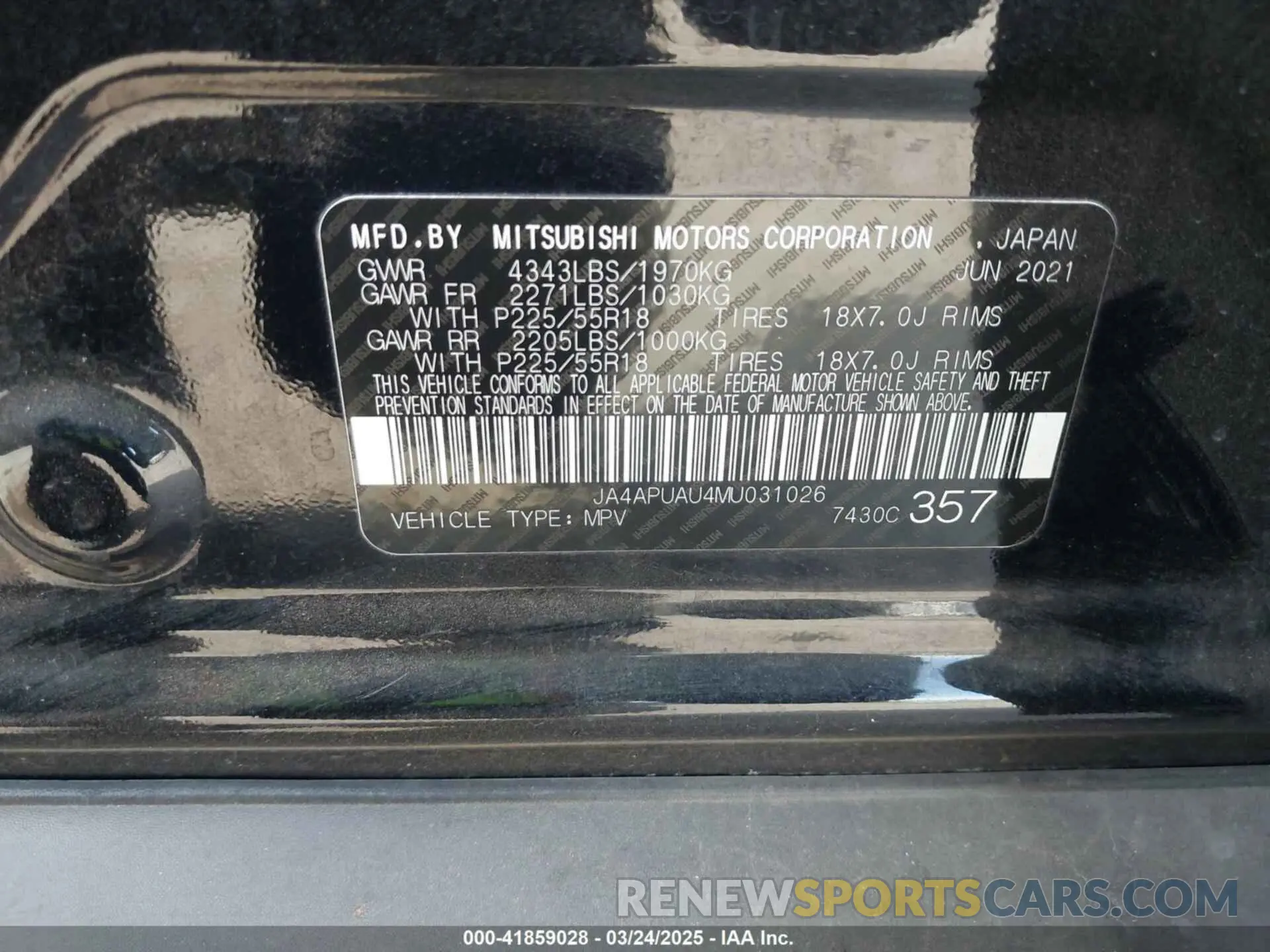 9 fotografías del automóvil dañado JA4APUAU4MU031026 MITSUBISHI OUTLANDER SPORT 2021